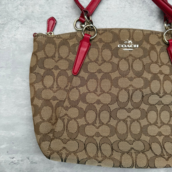 Coach 2Way Kelsey Shoulder Bag Beige/Red with signature canvas, red leather accents, gold-tone hardware, and dual carry options