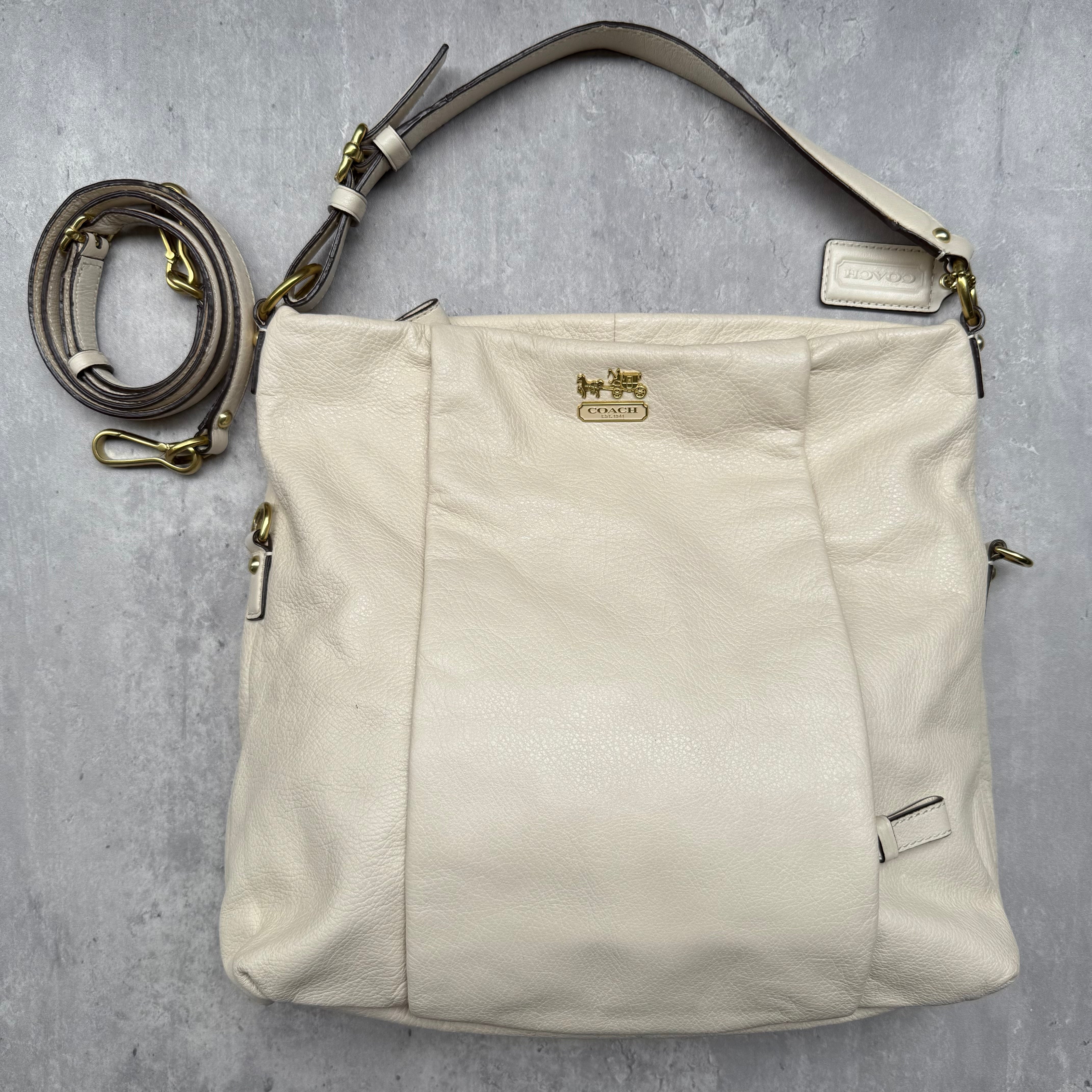 Coach 2Way Madison Isabelle Hobo Shoulder Bag in cream leather with gold-tone hardware and detachable strap.