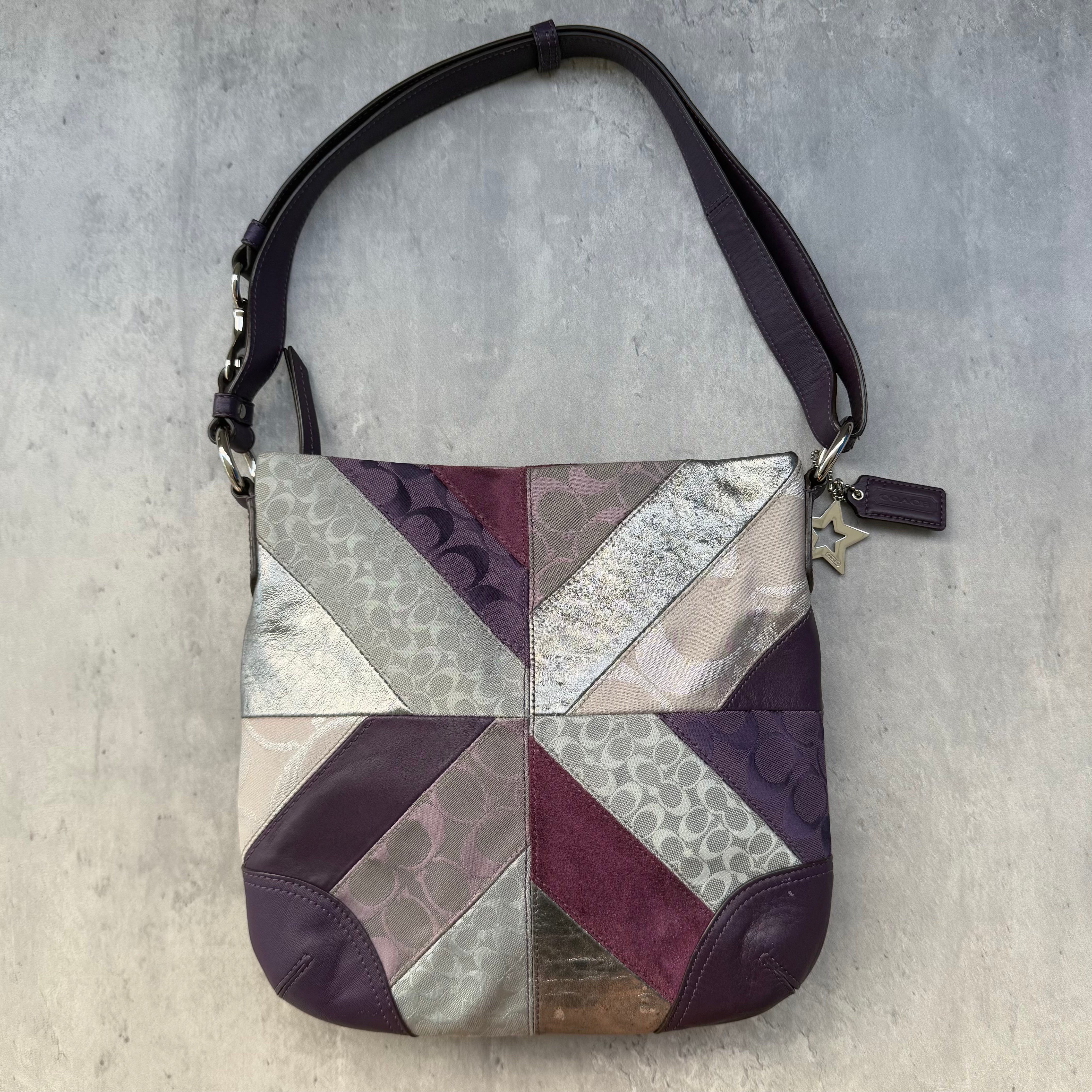 Coach 2Way Patchwork Shoulder Bag in multicolor leather, jacquard, and suede with silver-tone hardware and star charm.