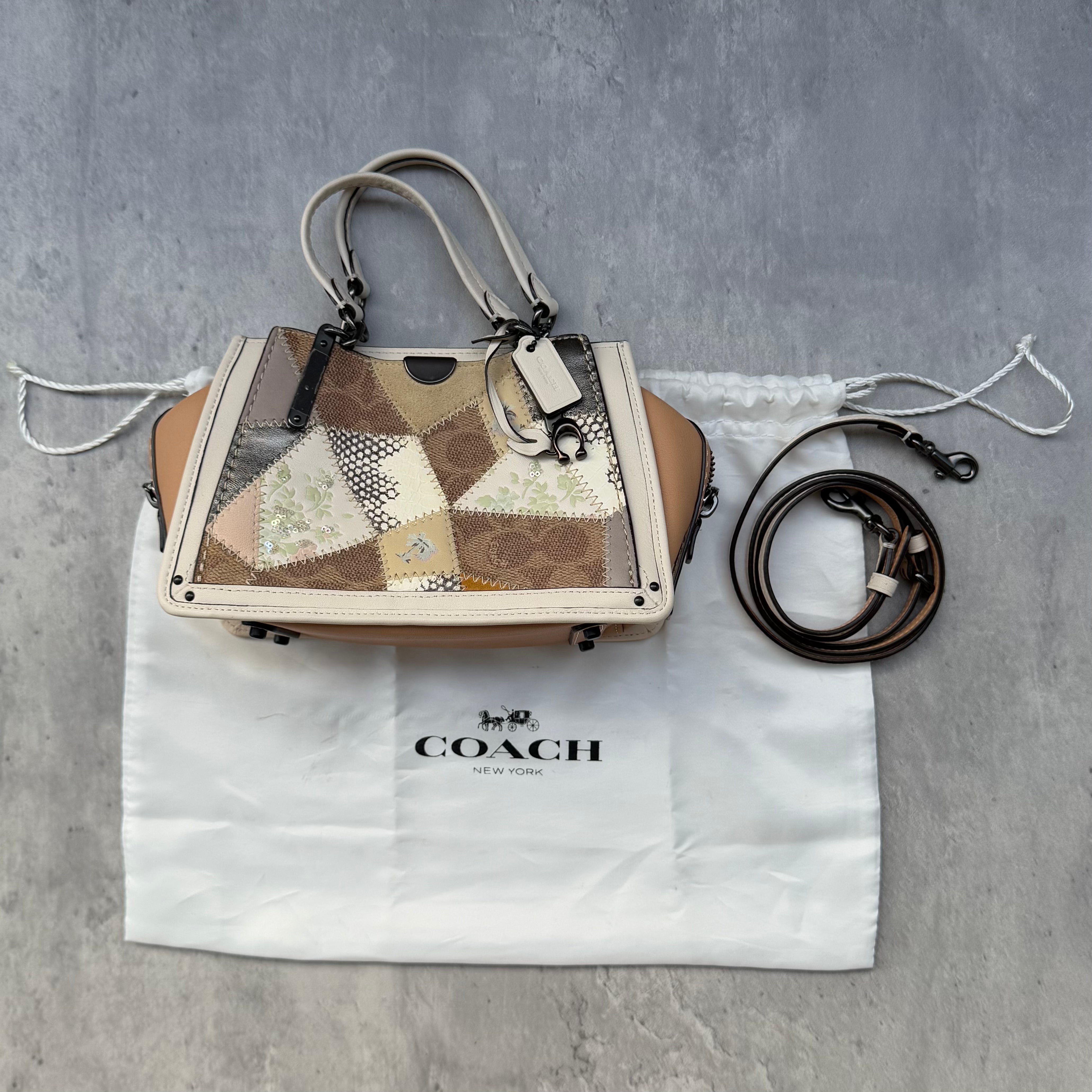 Coach Signature Dreamer 21 Patchwork Beechwood Handbag in multicolor mixed leather with floral and metallic accents, featuring gunmetal hardware, dual handles, and detachable strap.