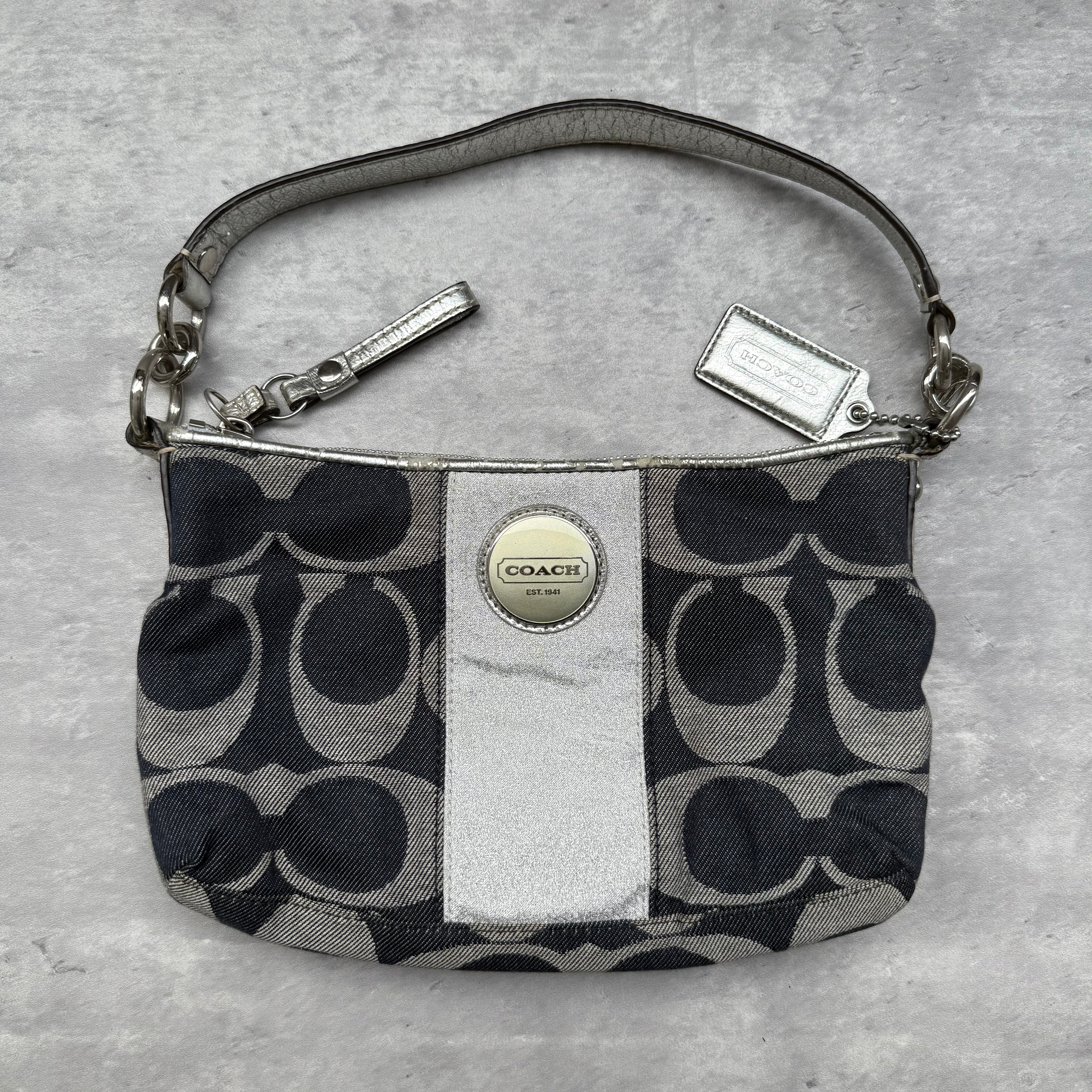 Coach 2Way Signature Denim Shoulder Bag Navy/Silver with navy monogram canvas, silver leather trim, and detachable straps