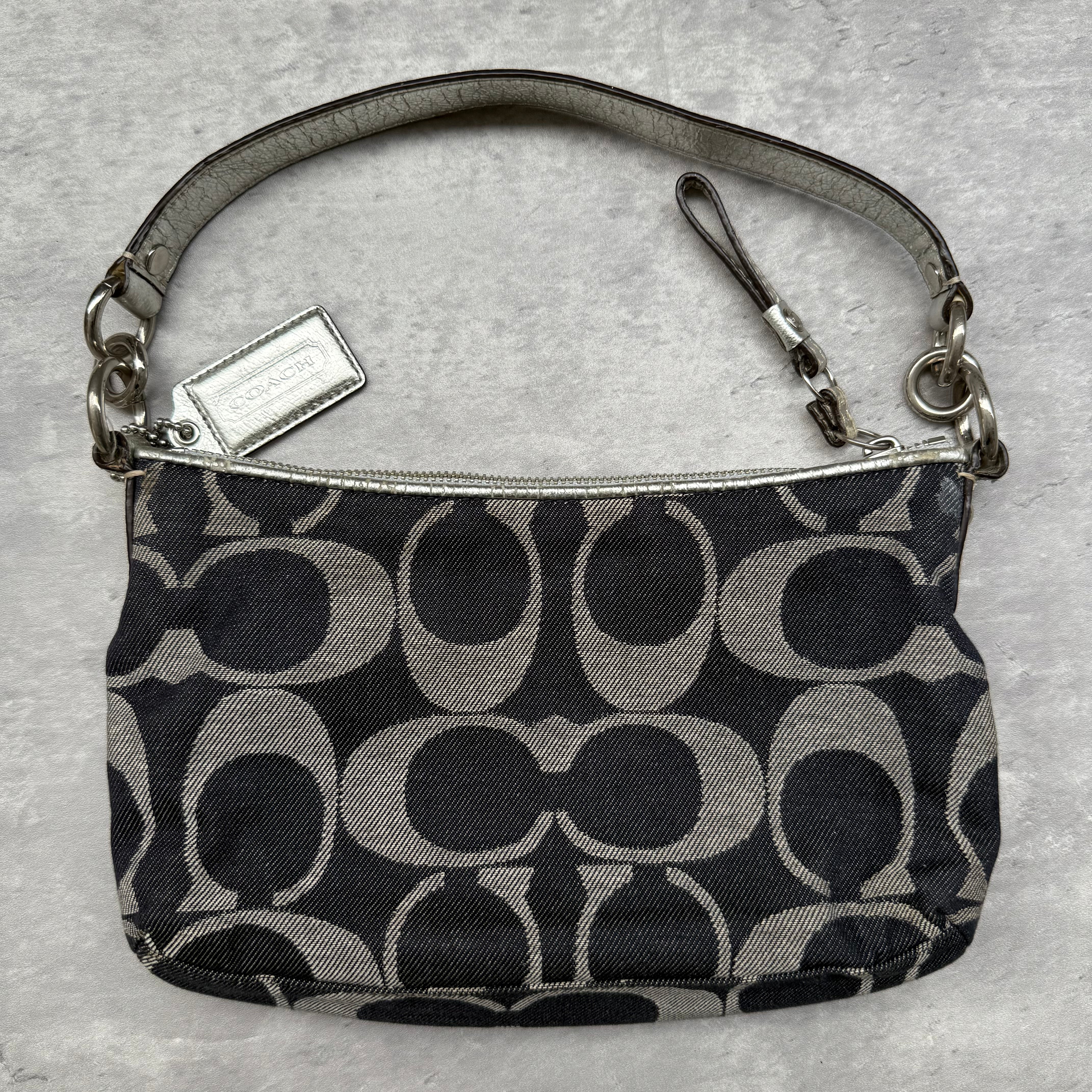 Coach 2Way Signature Denim Shoulder Bag Navy/Silver with navy monogram canvas, silver leather trim, and detachable straps