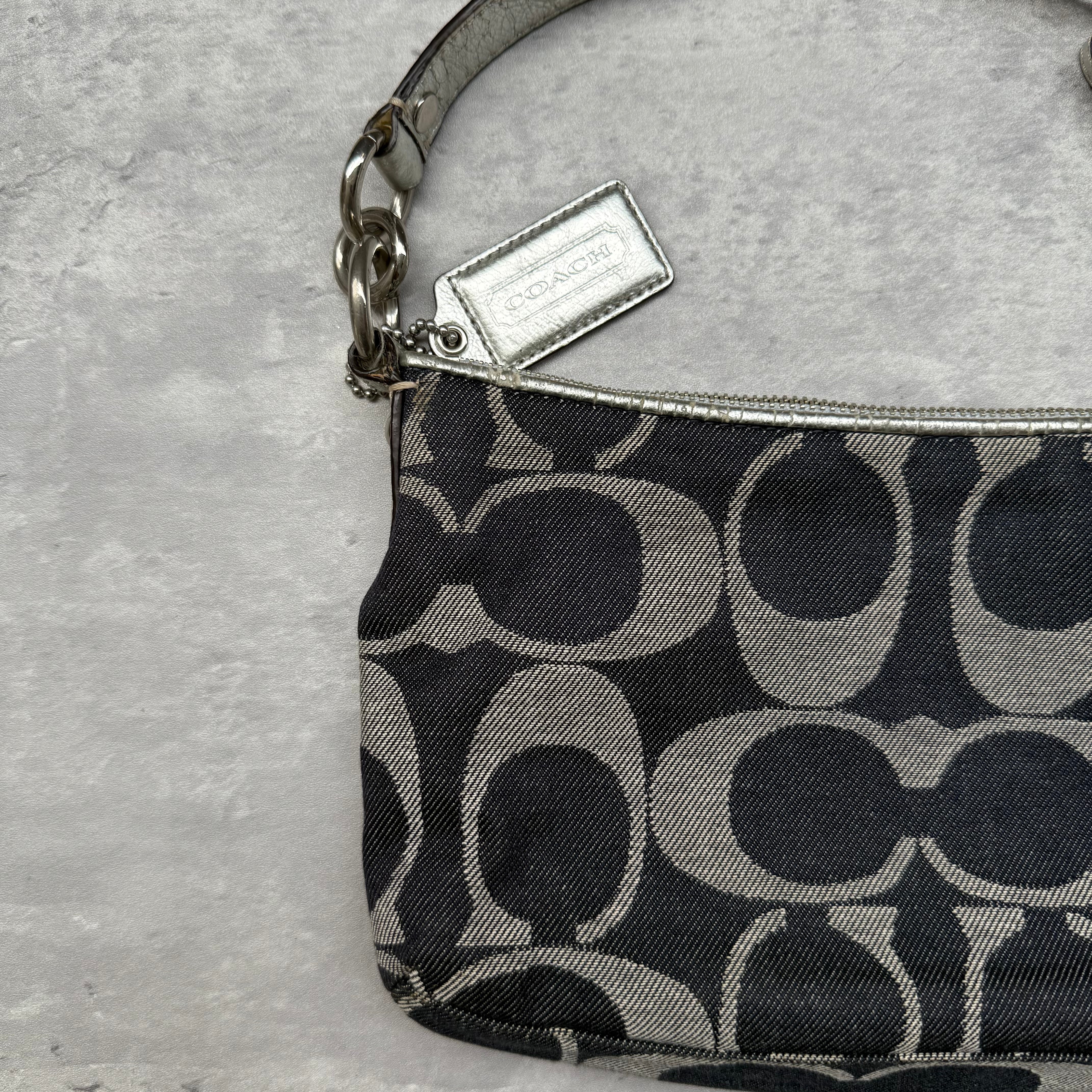 Coach 2Way Signature Denim Shoulder Bag Navy/Silver with navy monogram canvas, silver leather trim, and detachable straps