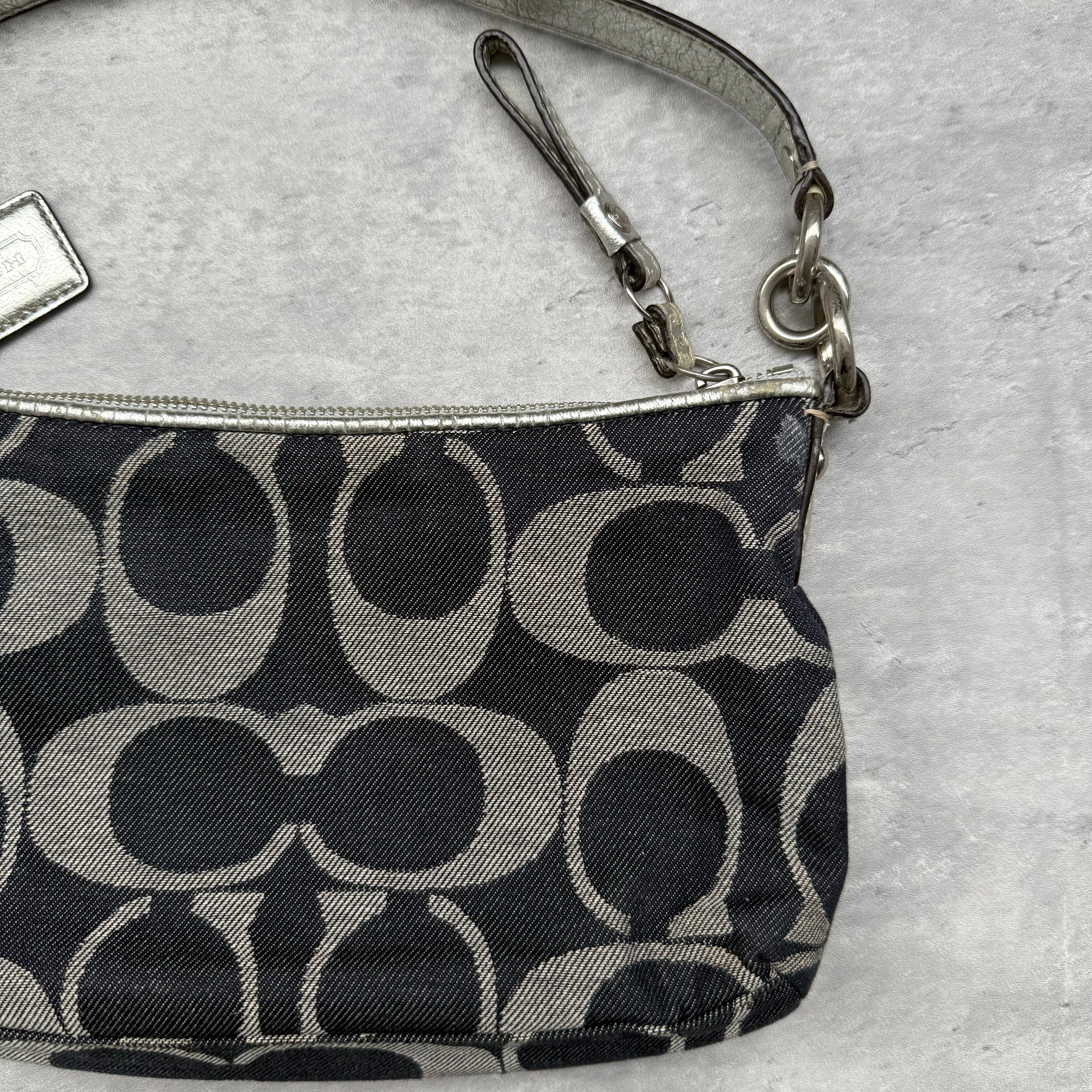 Coach 2Way Signature Denim Shoulder Bag Navy/Silver with navy monogram canvas, silver leather trim, and detachable straps