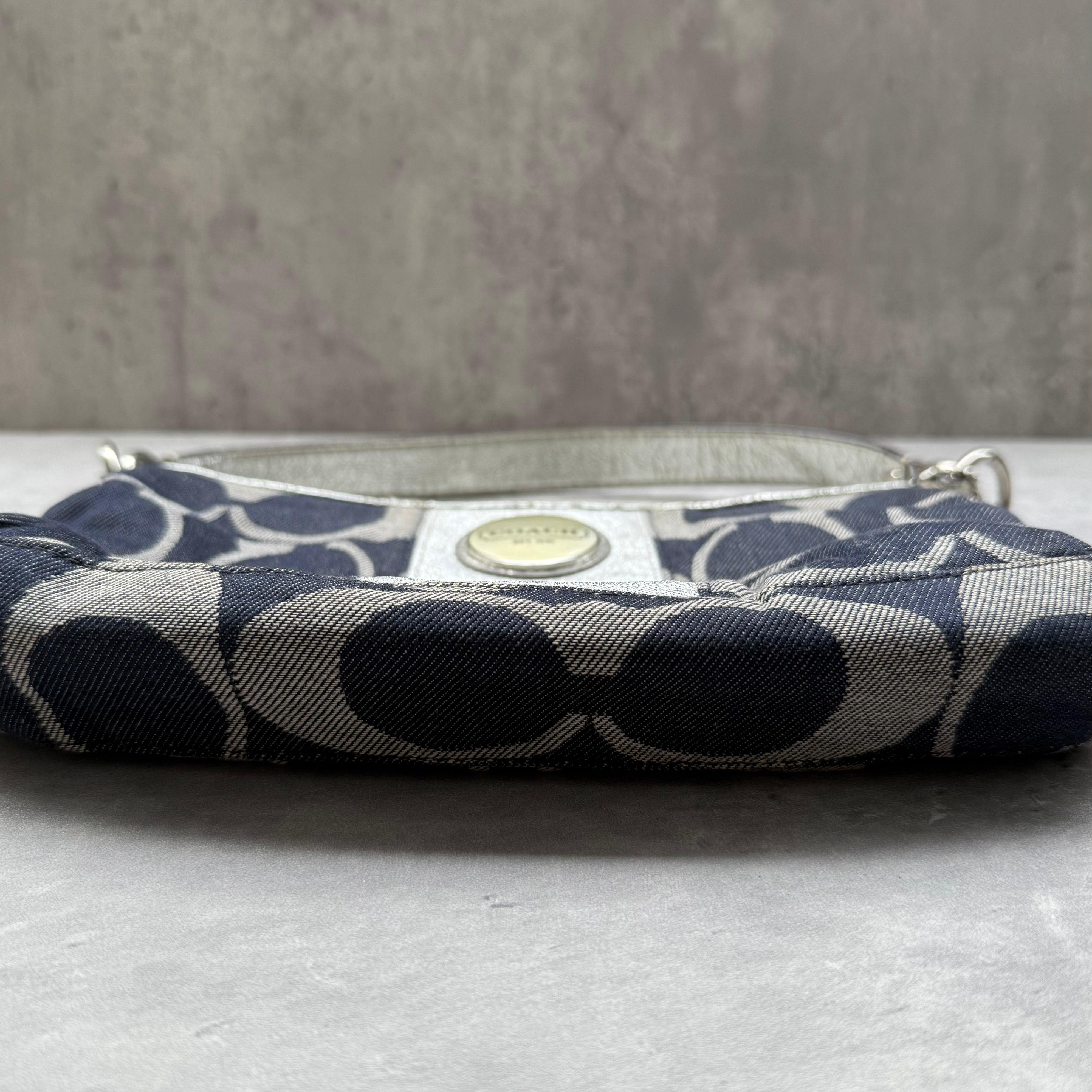 Coach 2Way Signature Denim Shoulder Bag Navy/Silver with navy monogram canvas, silver leather trim, and detachable straps