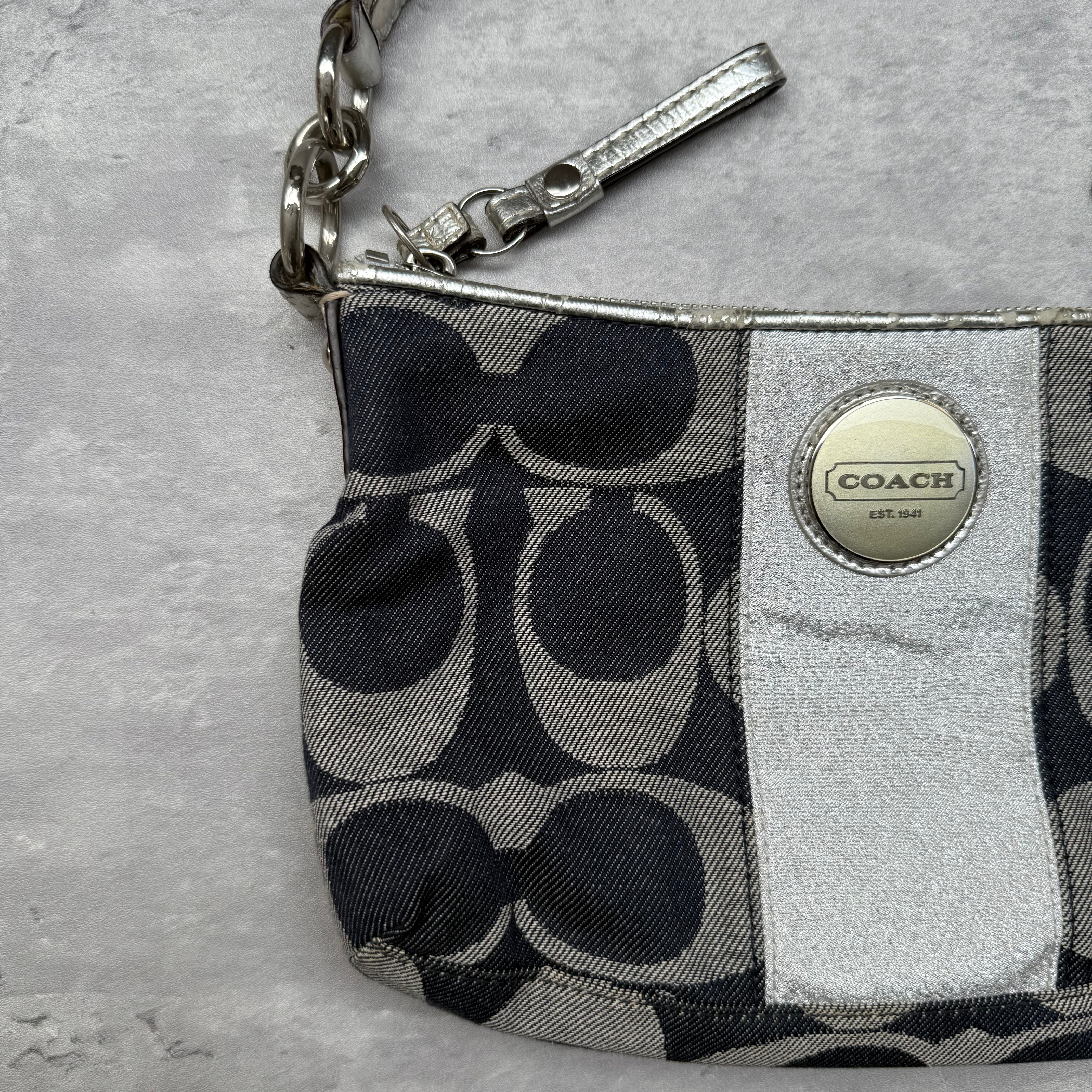 Coach 2Way Signature Denim Shoulder Bag Navy/Silver with navy monogram canvas, silver leather trim, and detachable straps