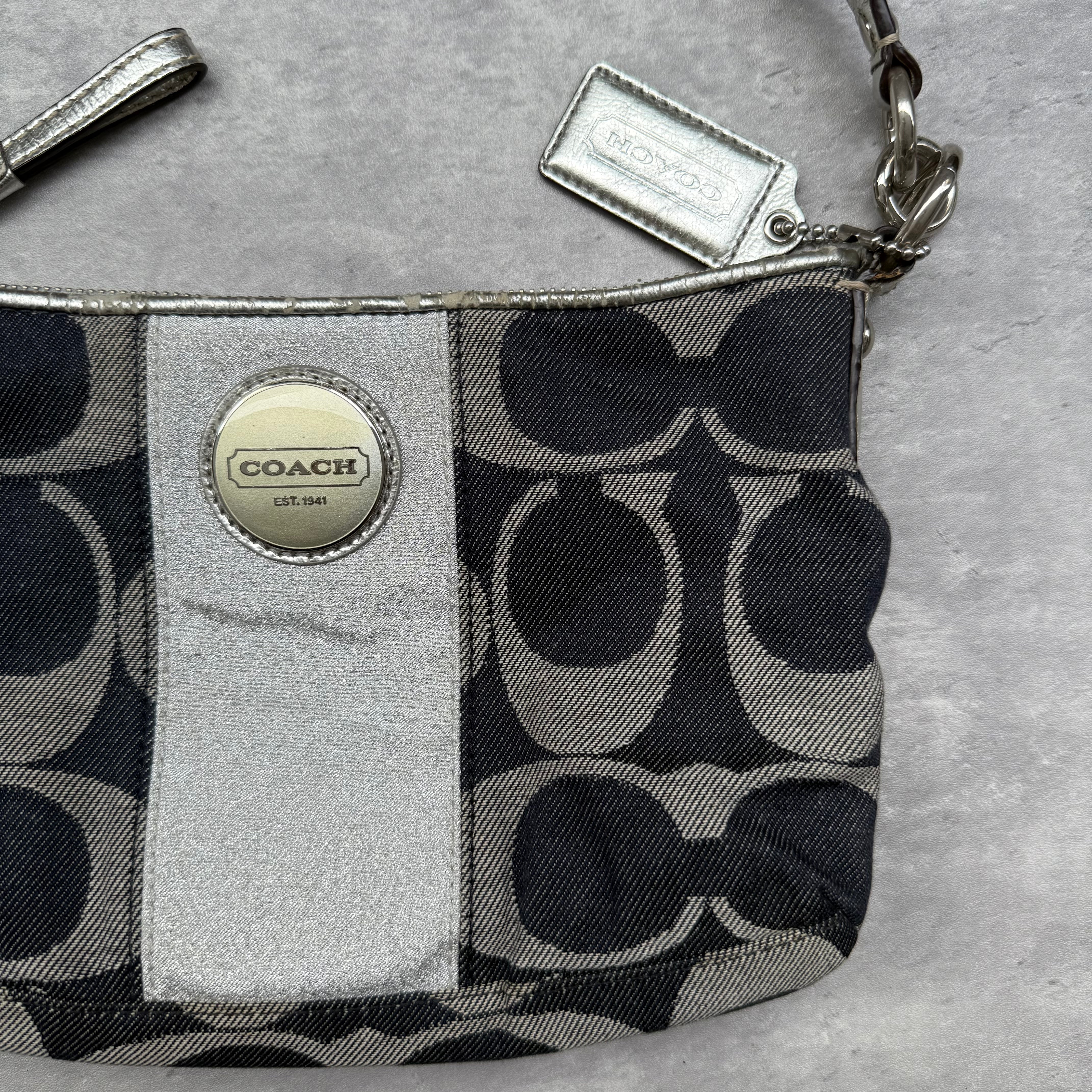 Coach 2Way Signature Denim Shoulder Bag Navy/Silver with navy monogram canvas, silver leather trim, and detachable straps