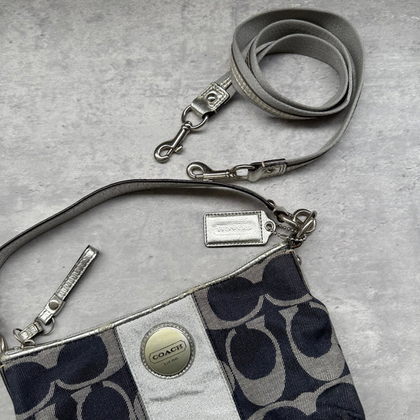 Coach 2Way Signature Denim Shoulder Bag Navy/Silver with navy monogram canvas, silver leather trim, and detachable straps