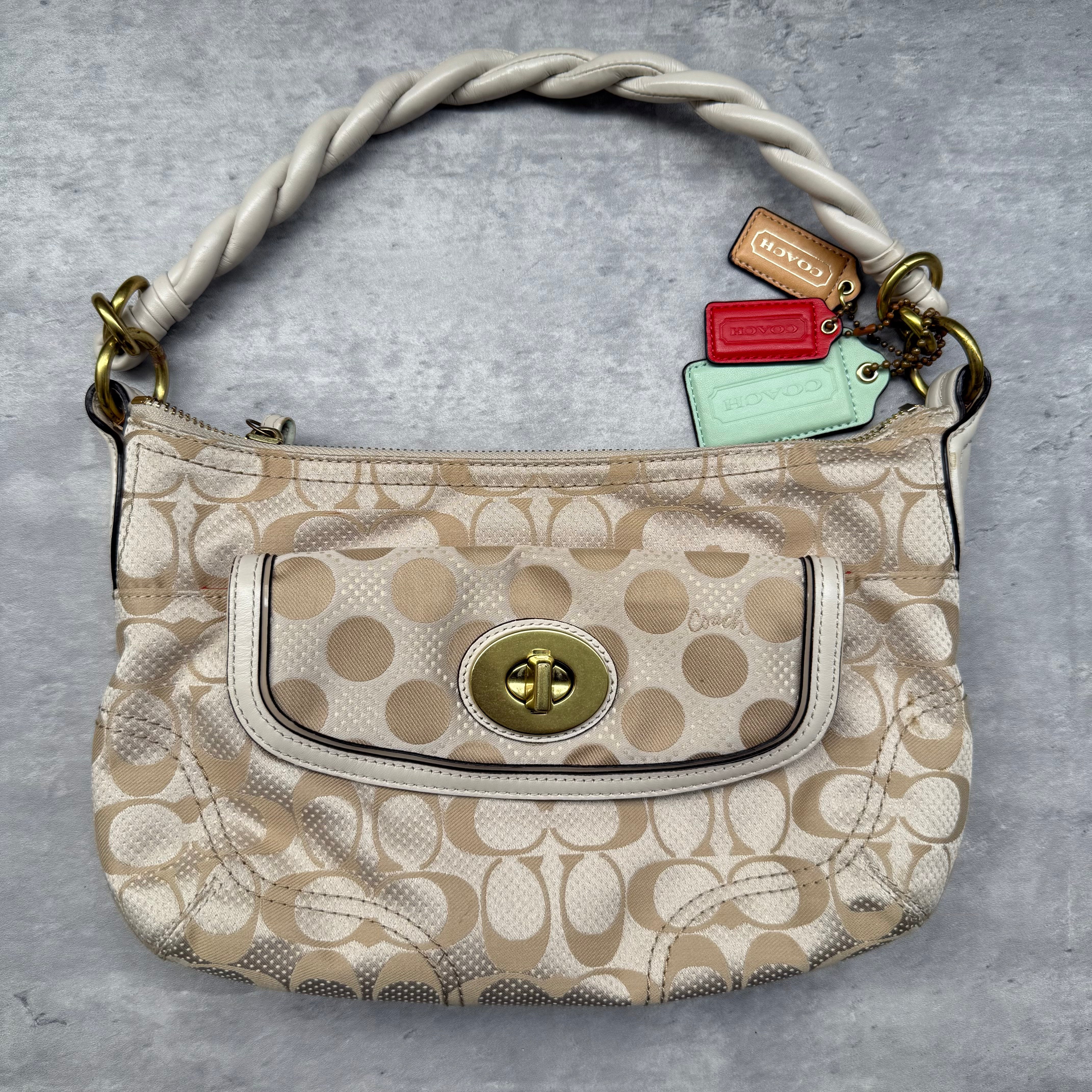 Coach 2Way Signature Dot Satin Canvas Shoulder Bag in beige with braided handle, turn-lock pocket, colorful hang tags, and red interior