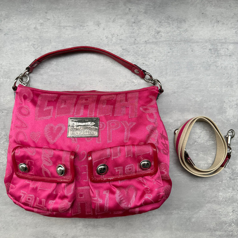 Coach 2Way Signature Poppy Storypatch Shoulder Bag in vibrant pink nylon with graffiti-style lettering, dual front pockets, and detachable strap.