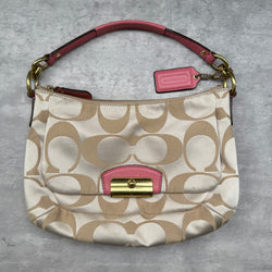 Coach 2Way Signature Shoulder Bag Cream/Pink with gold-tone turn-lock, pink leather trim, and cream monogram canvas