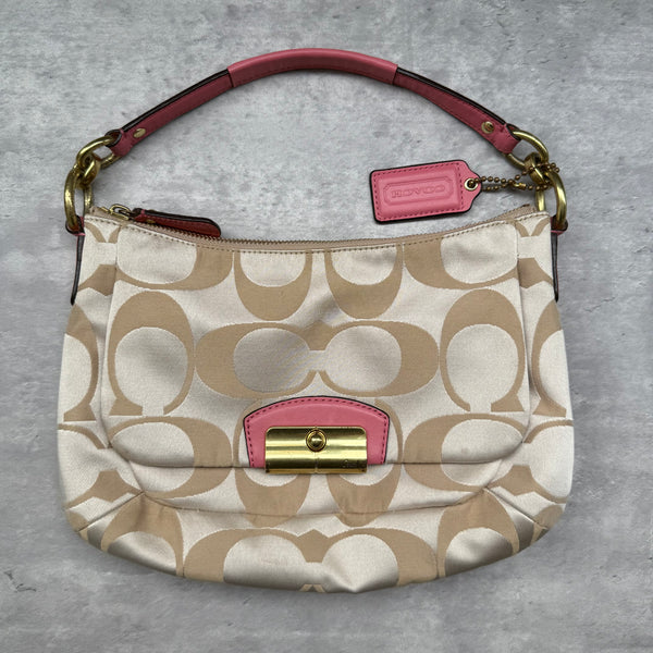 Coach 2Way Signature Shoulder Bag Cream/Pink with gold-tone turn-lock, pink leather trim, and cream monogram canvas