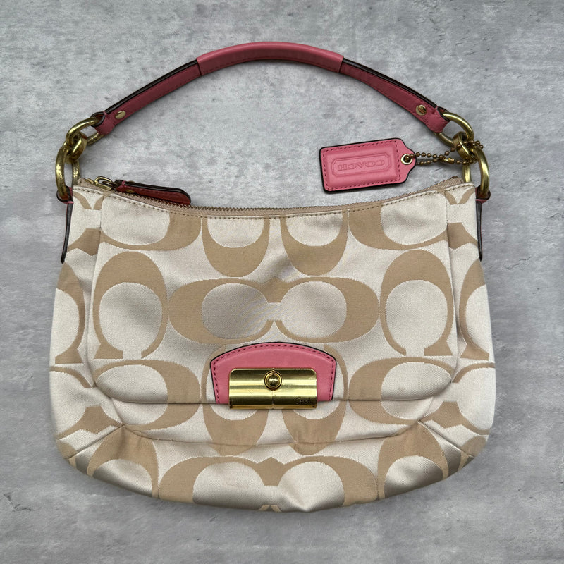 Coach 2Way Signature Shoulder Bag Cream/Pink with gold-tone turn-lock, pink leather trim, and cream monogram canvas