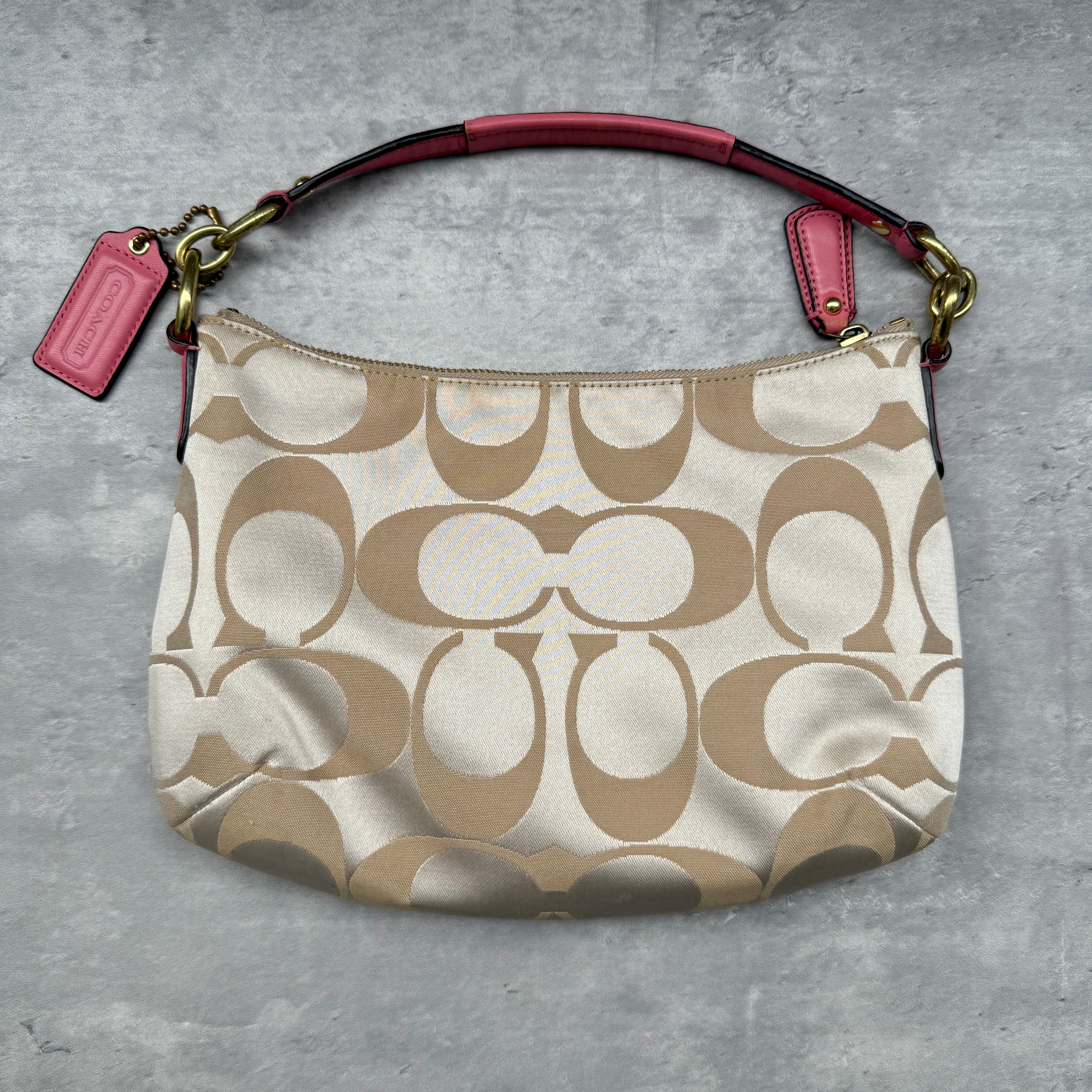 Coach 2Way Signature Shoulder Bag Cream/Pink with gold-tone turn-lock, pink leather trim, and cream monogram canvas