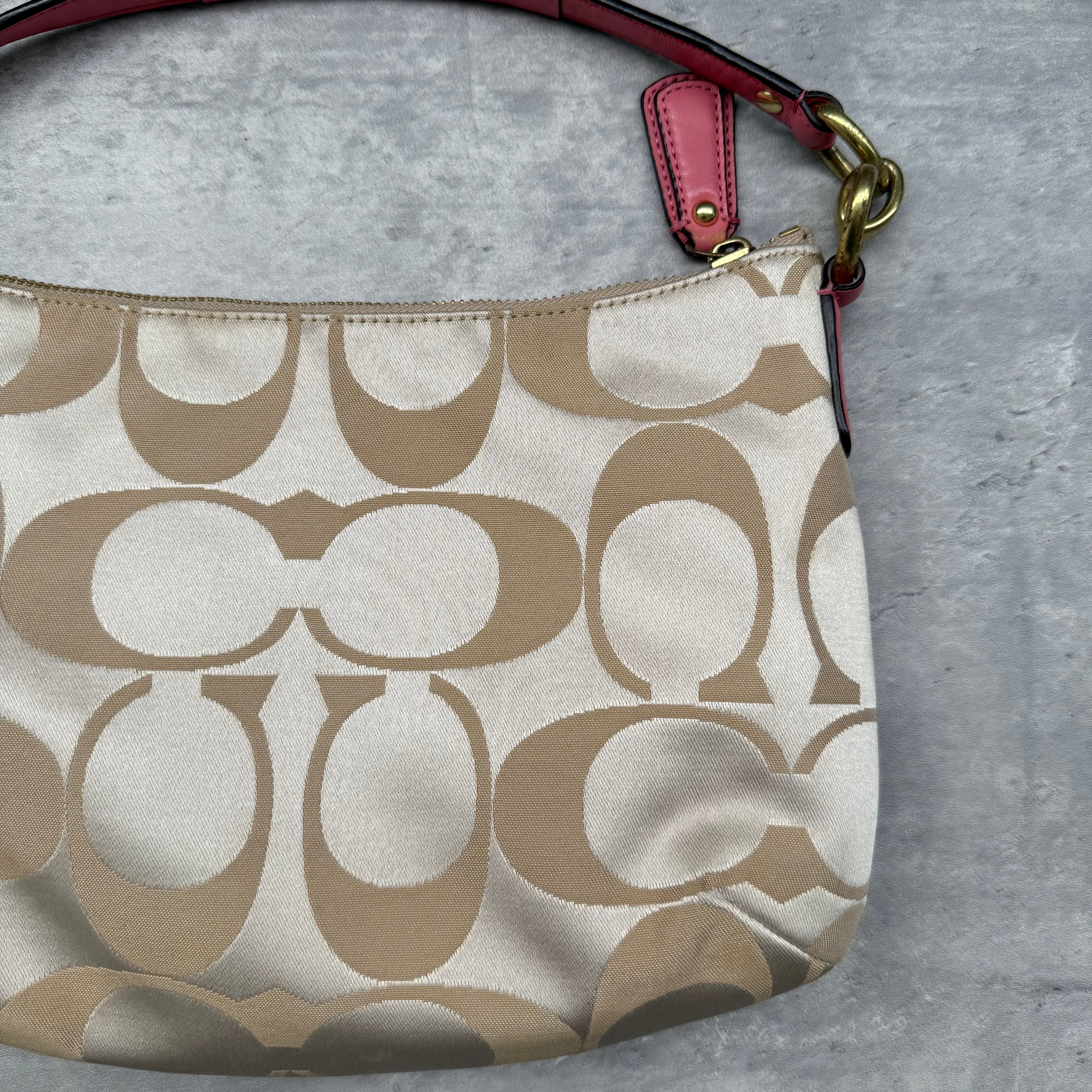 Coach 2Way Signature Shoulder Bag Cream/Pink with gold-tone turn-lock, pink leather trim, and cream monogram canvas