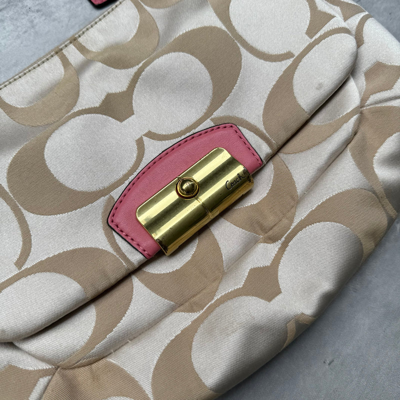 Coach 2Way Signature Shoulder Bag Cream/Pink with gold-tone turn-lock, pink leather trim, and cream monogram canvas