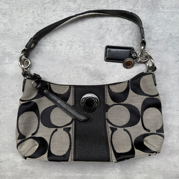 Coach 2Way Signature Strip Shoulder Bag Grey/Black with monogram canvas, black leather trim, and turn-lock detail