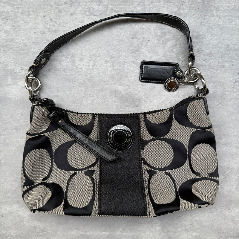 Coach 2Way Signature Strip Shoulder Bag Grey/Black with monogram canvas, black leather trim, and turn-lock detail