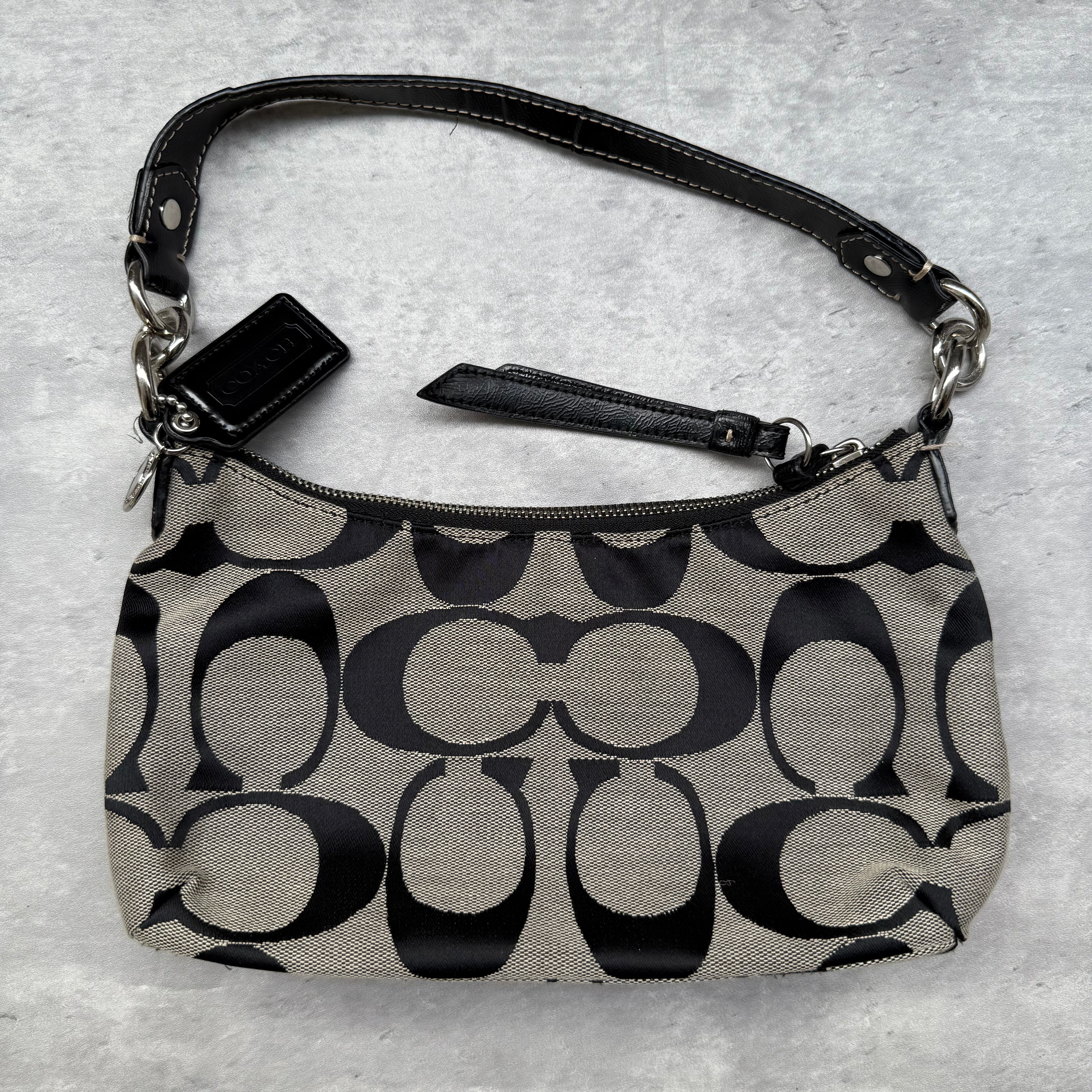 Coach 2Way Signature Strip Shoulder Bag Grey/Black with monogram canvas, black leather trim, and turn-lock detail