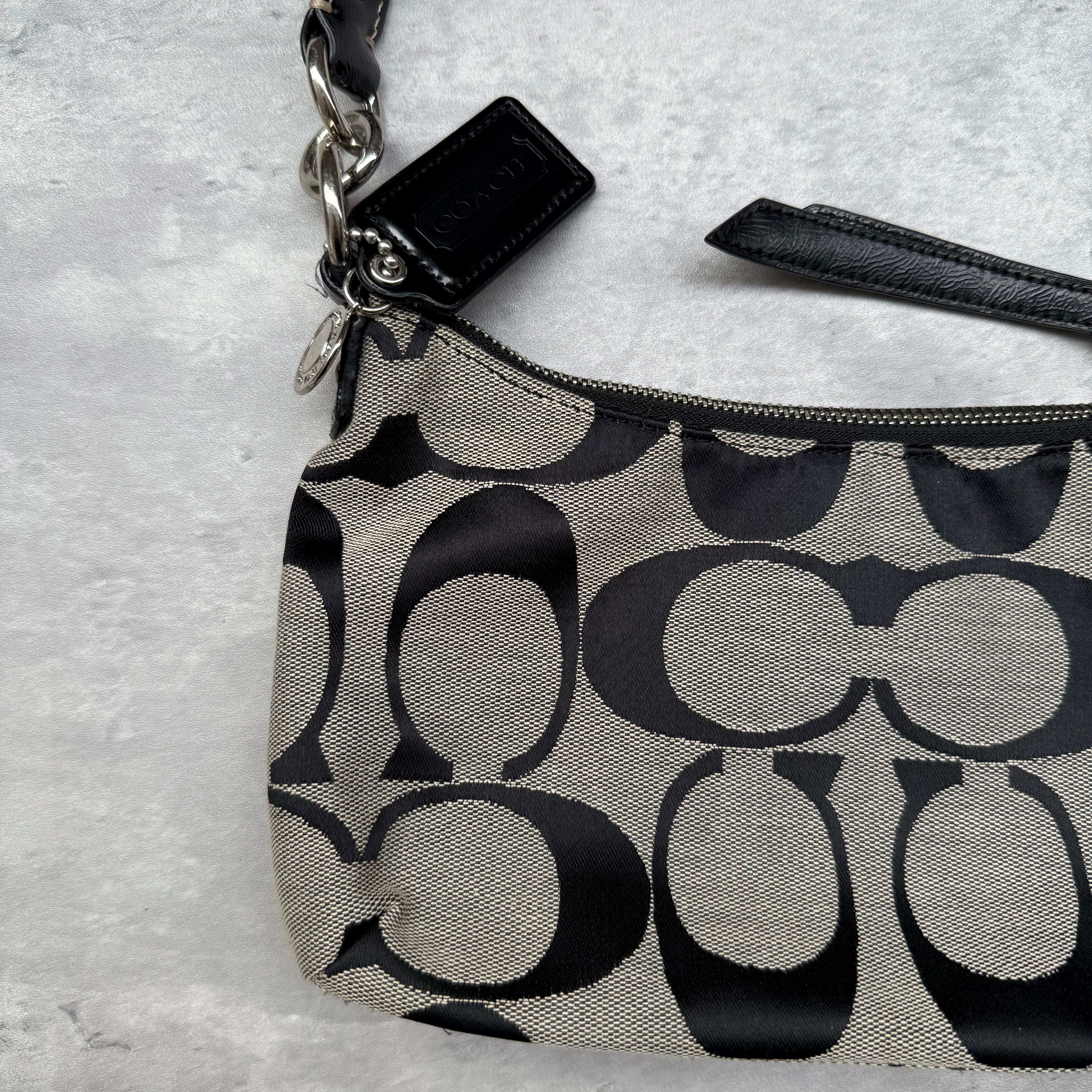 Coach 2Way Signature Strip Shoulder Bag Grey/Black with monogram canvas, black leather trim, and turn-lock detail