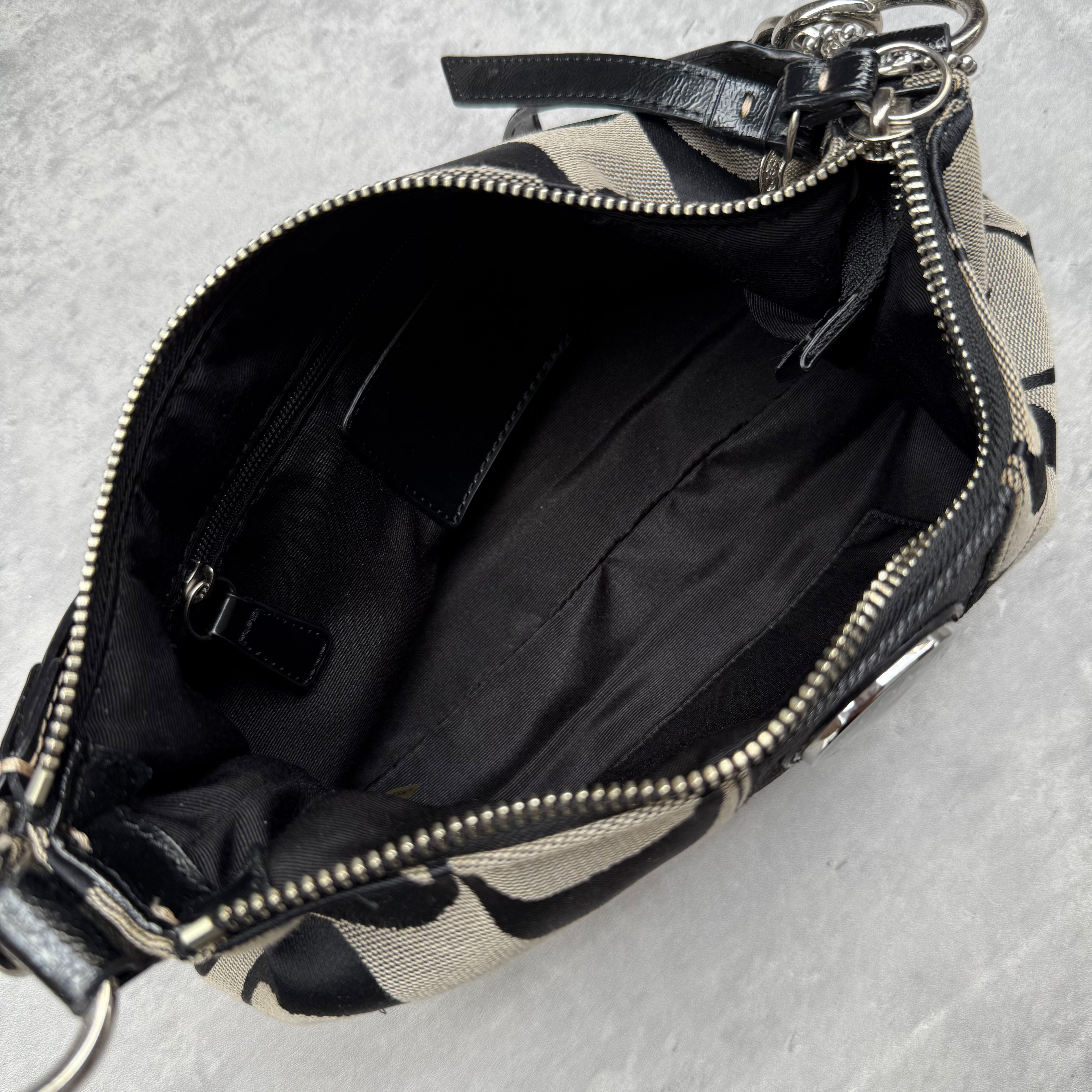 Coach 2Way Signature Strip Shoulder Bag Grey/Black with monogram canvas, black leather trim, and turn-lock detail