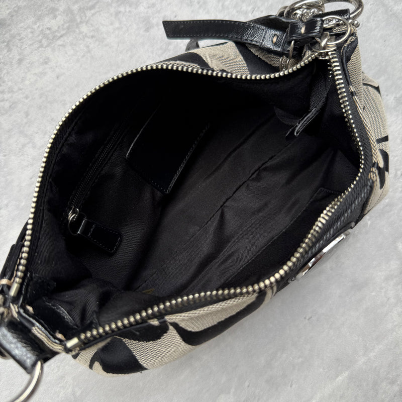 Coach 2Way Signature Strip Shoulder Bag Grey/Black with monogram canvas, black leather trim, and turn-lock detail