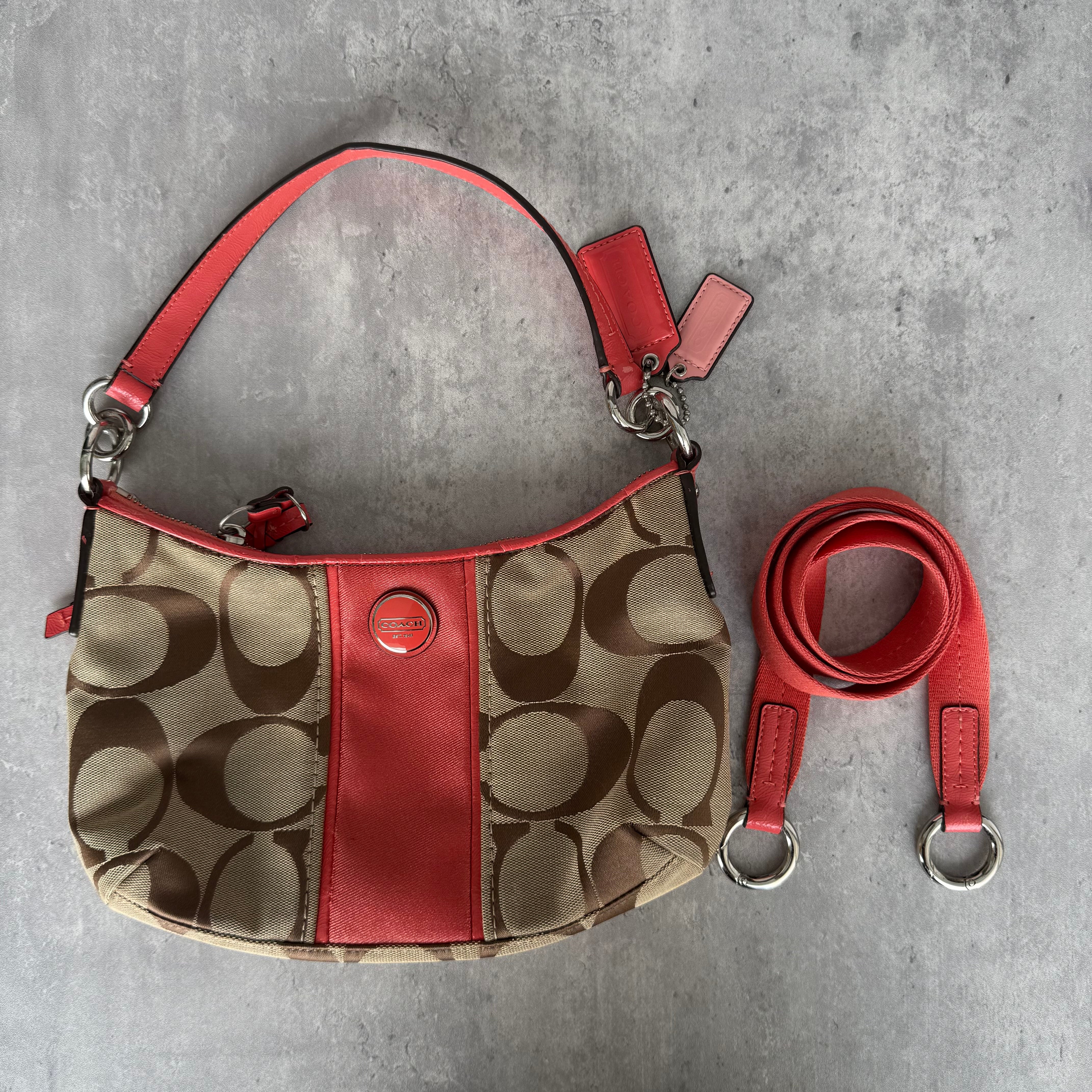 Coach 2Way Signature Stripe Shoulder Bag Beige/Red, featuring brown monogram canvas, pink leather trim, and silver hardware with detachable strap.