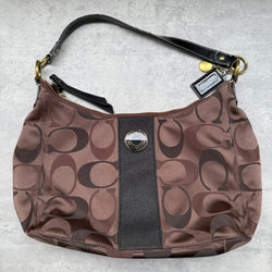 Coach 2Way Signature Stripe Shoulder Bag Brown/Black with monogram canvas, black leather trim, silver emblem, and pink interior