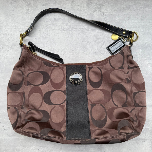 Coach 2Way Signature Stripe Shoulder Bag Brown/Black with monogram canvas, black leather trim, silver emblem, and pink interior