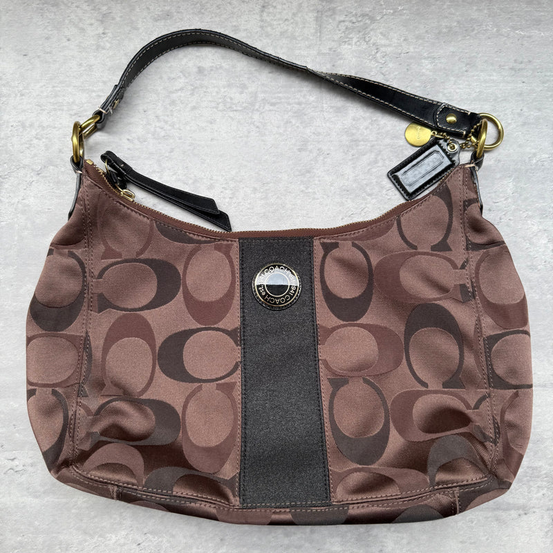 Coach 2Way Signature Stripe Shoulder Bag Brown/Black with monogram canvas, black leather trim, silver emblem, and pink interior