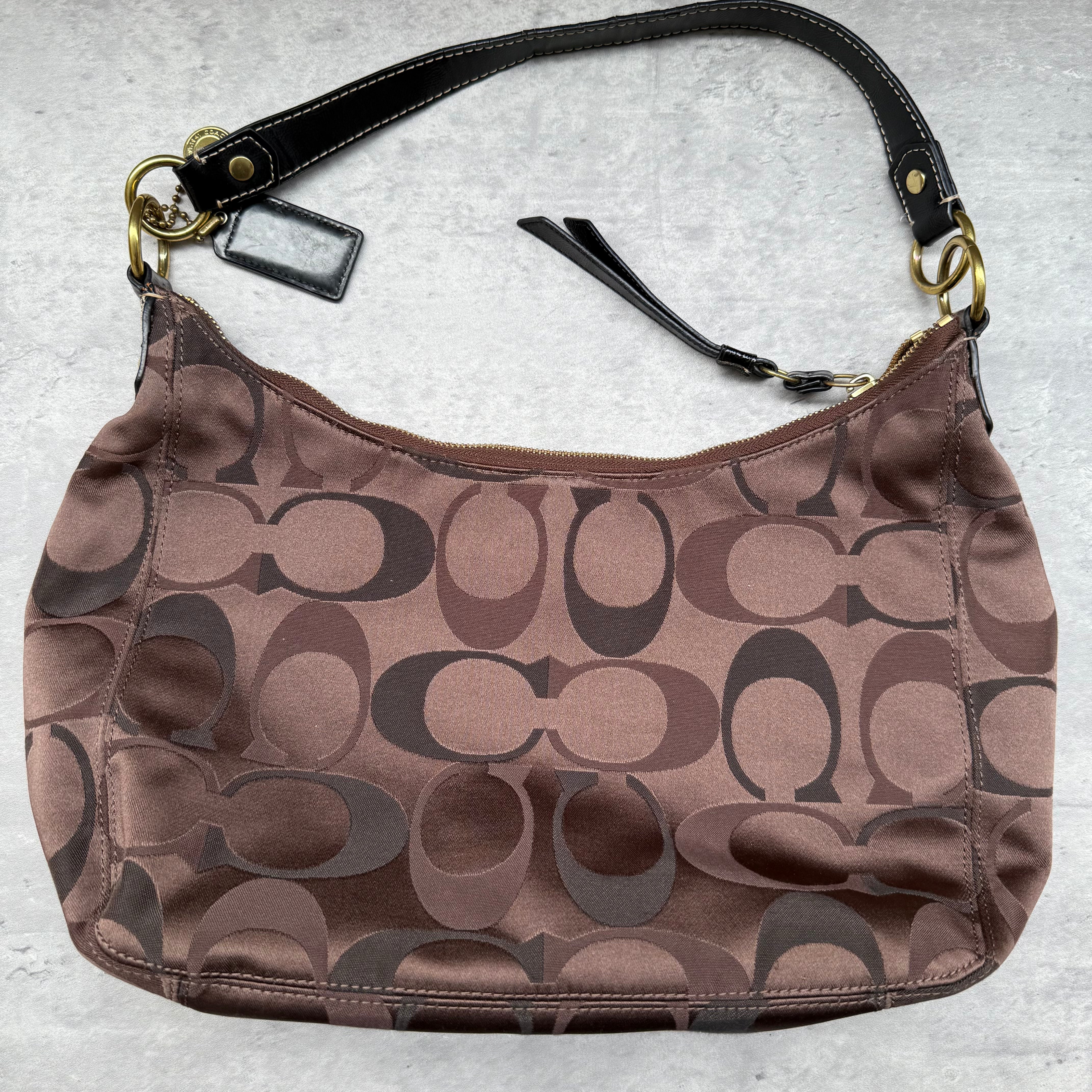 Coach 2Way Signature Stripe Shoulder Bag Brown/Black with monogram canvas, black leather trim, silver emblem, and pink interior
