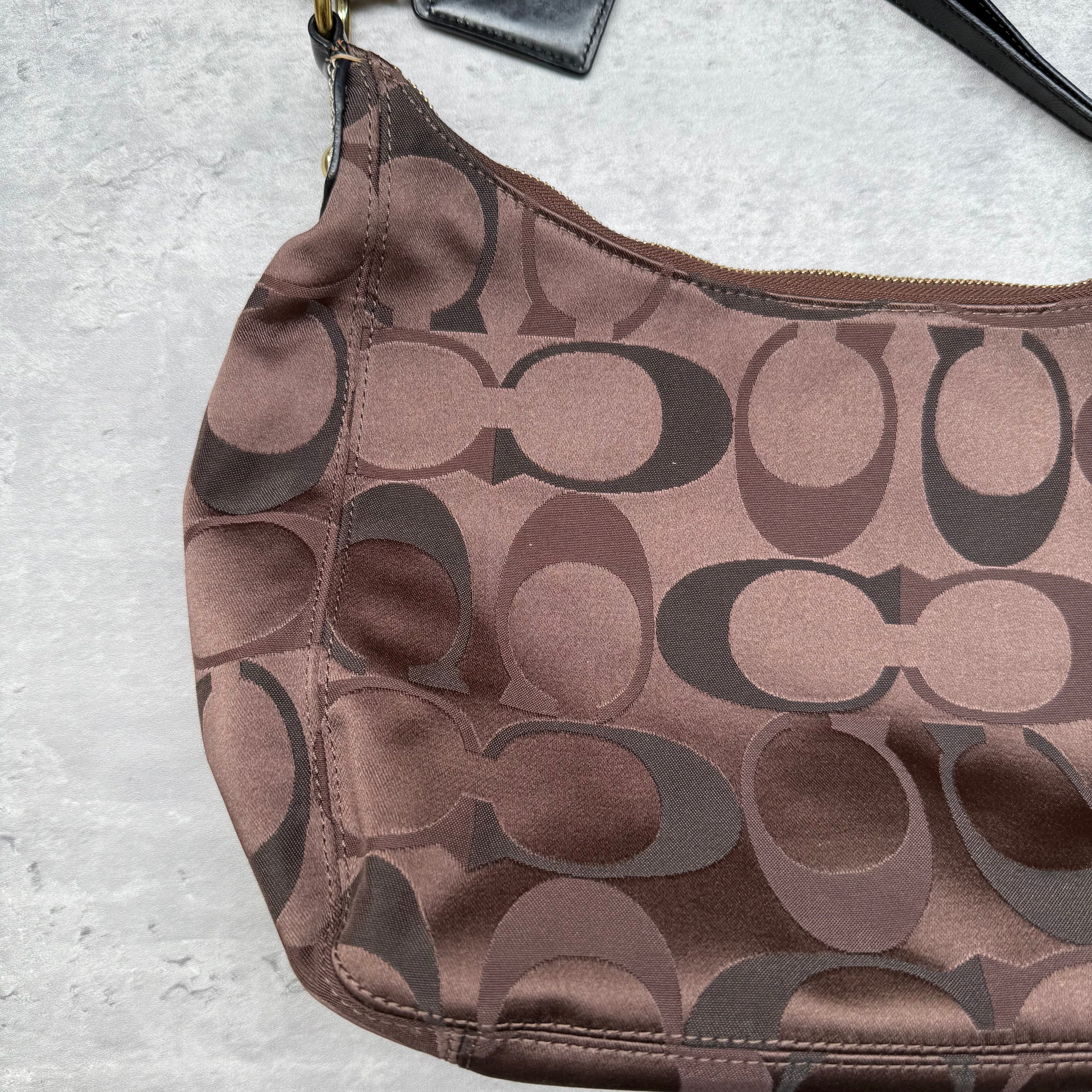 Coach 2Way Signature Stripe Shoulder Bag Brown/Black with monogram canvas, black leather trim, silver emblem, and pink interior