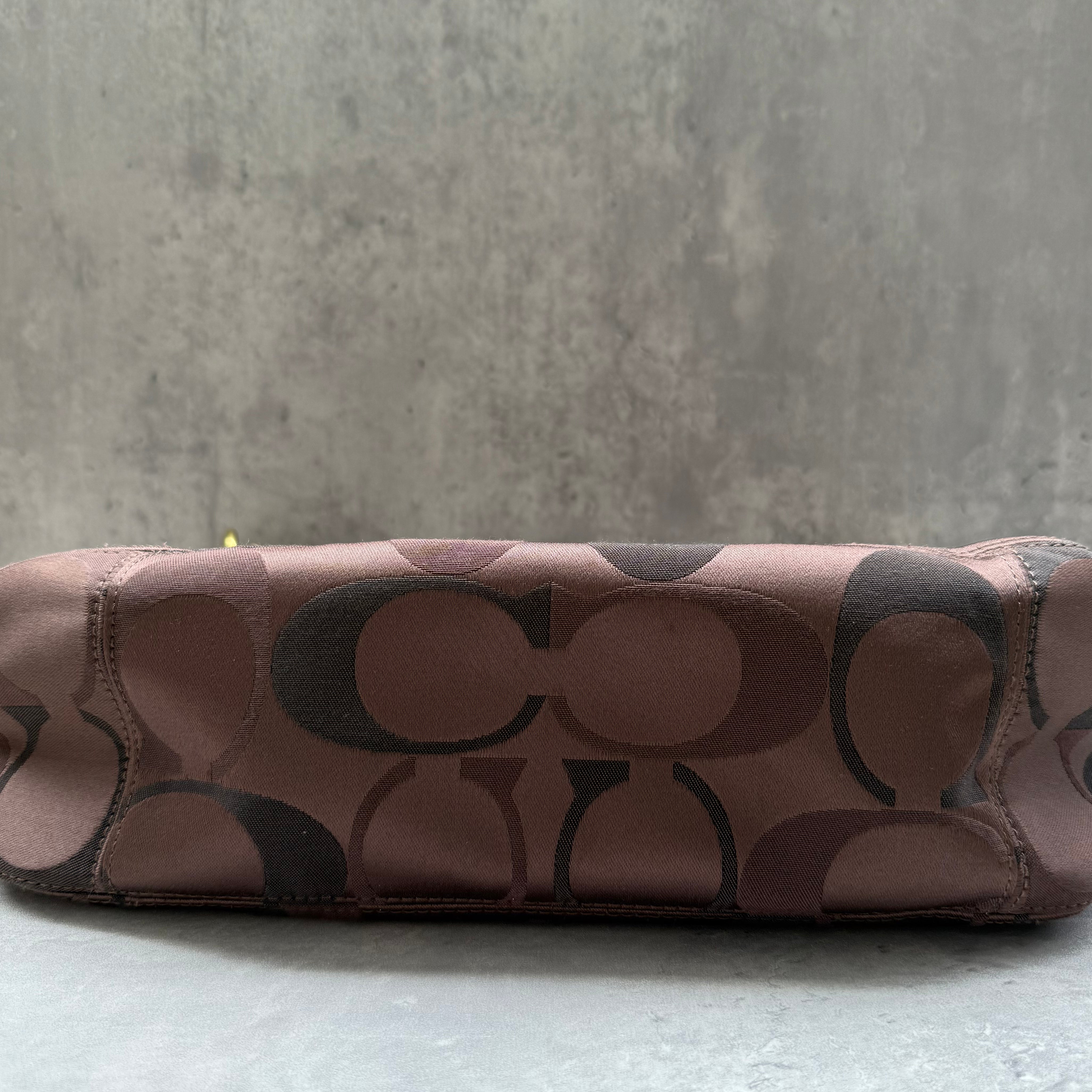 Coach 2Way Signature Stripe Shoulder Bag Brown/Black with monogram canvas, black leather trim, silver emblem, and pink interior