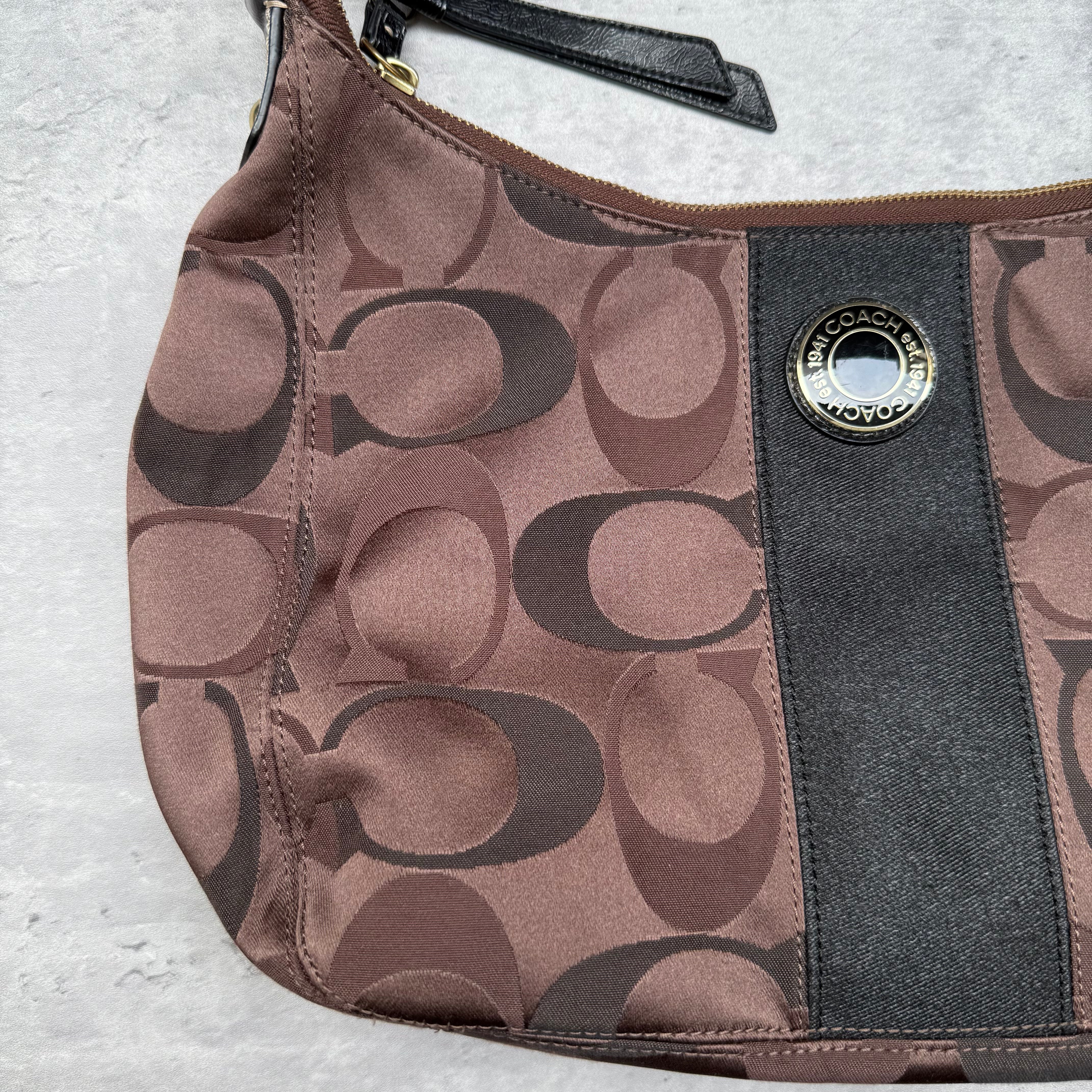 Coach 2Way Signature Stripe Shoulder Bag Brown/Black with monogram canvas, black leather trim, silver emblem, and pink interior