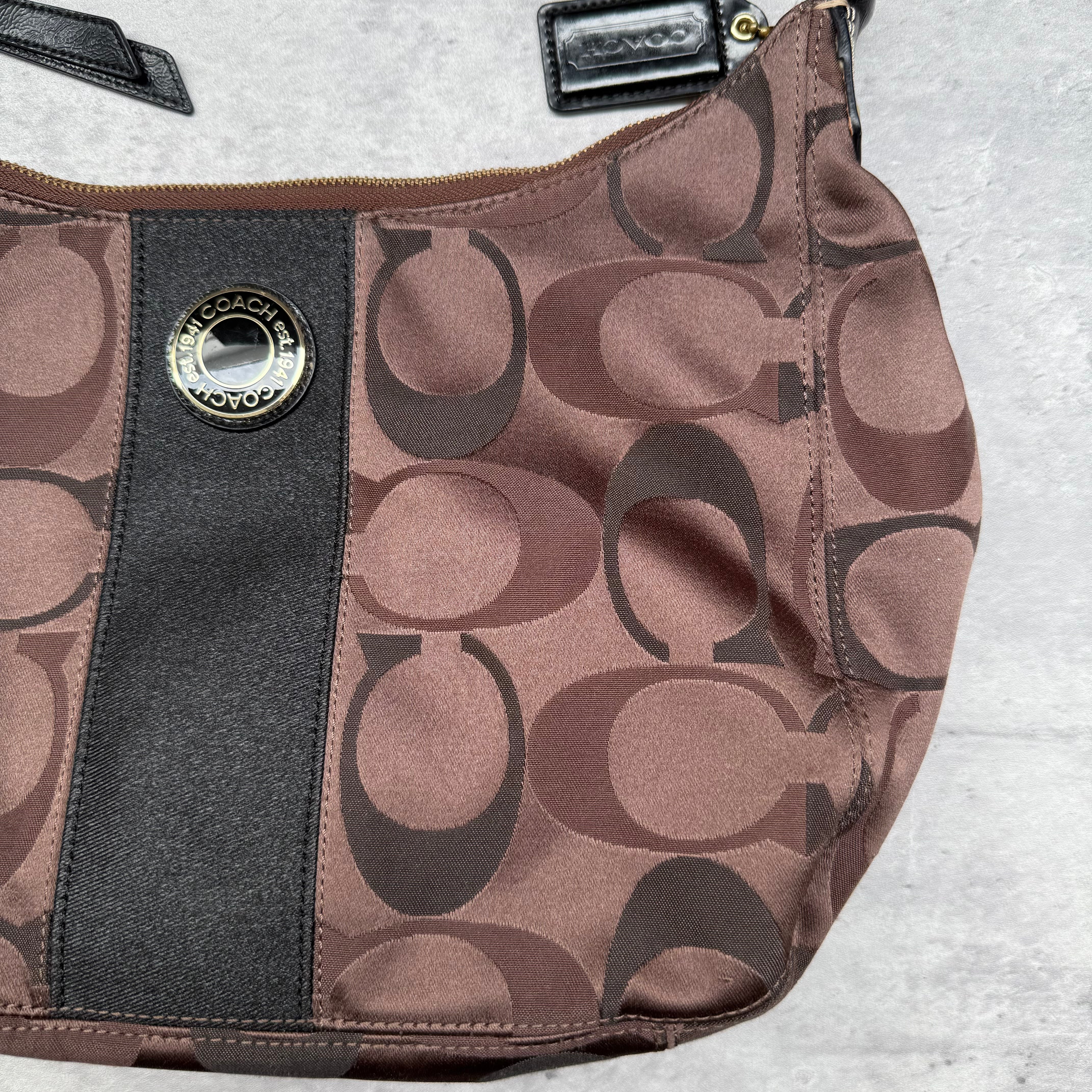 Coach 2Way Signature Stripe Shoulder Bag Brown/Black with monogram canvas, black leather trim, silver emblem, and pink interior