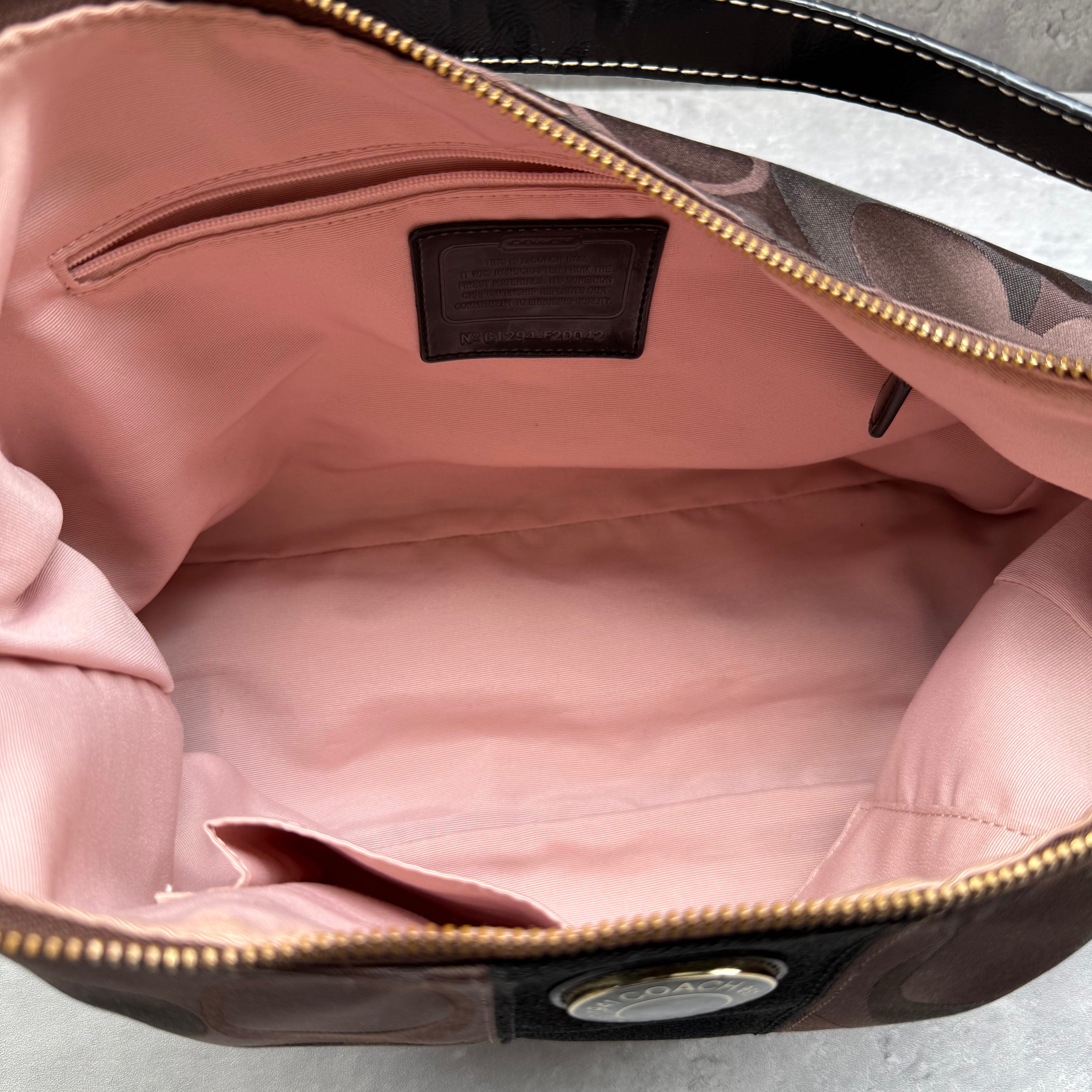 Coach 2Way Signature Stripe Shoulder Bag Brown/Black with monogram canvas, black leather trim, silver emblem, and pink interior