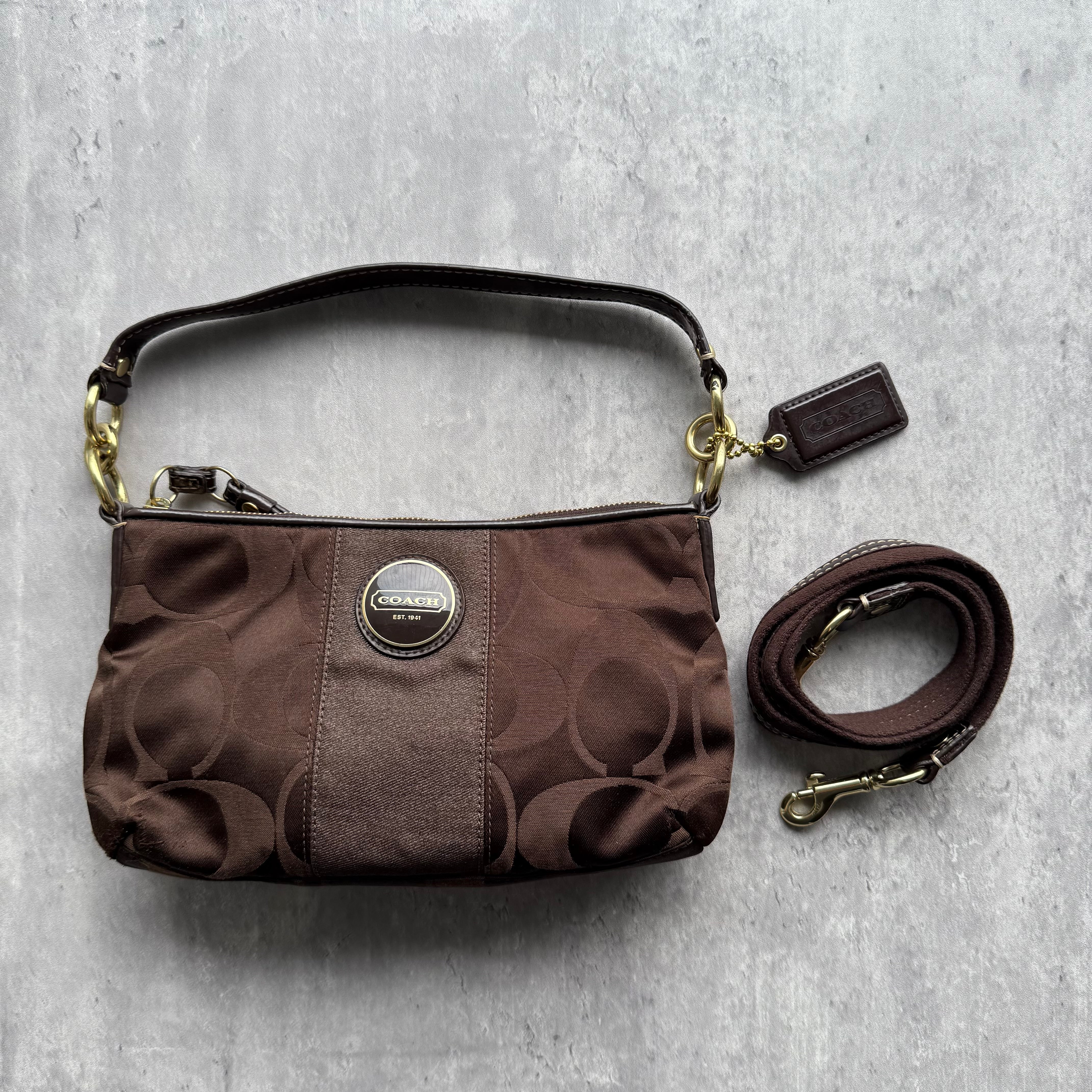 Coach 2Way Signature Stripe Shoulder Bag in chocolate brown with jacquard monogram, gold hardware, and detachable long strap