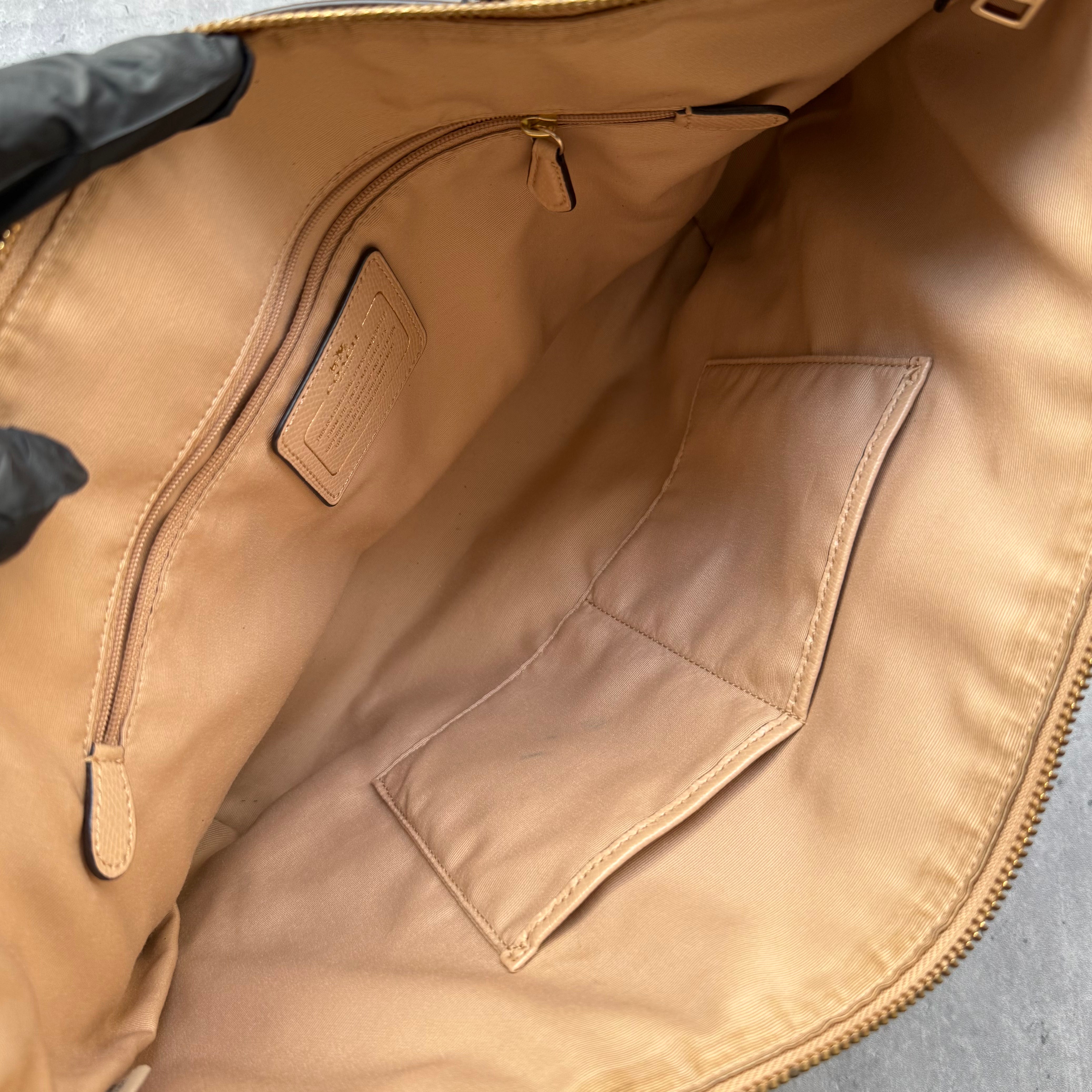 Coach AVA Tote Handbag with beige and cream leather panels, snakeskin-trim handles, and gold-tone logo hardware