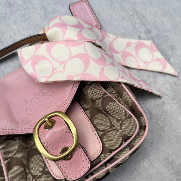 Coach Bleecker Signature Crossbody Bag Pink Beige with monogram canvas, pink leather trim, gold-tone buckle, and Coach scarf