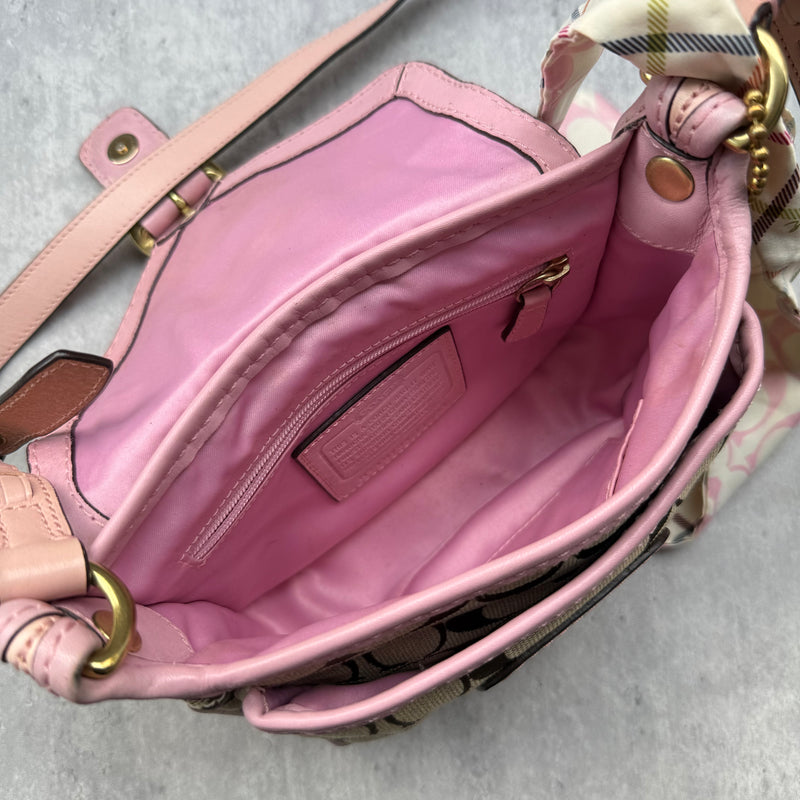 Coach Bleecker Signature Crossbody Bag Pink Beige with monogram canvas, pink leather trim, gold-tone buckle, and Coach scarf