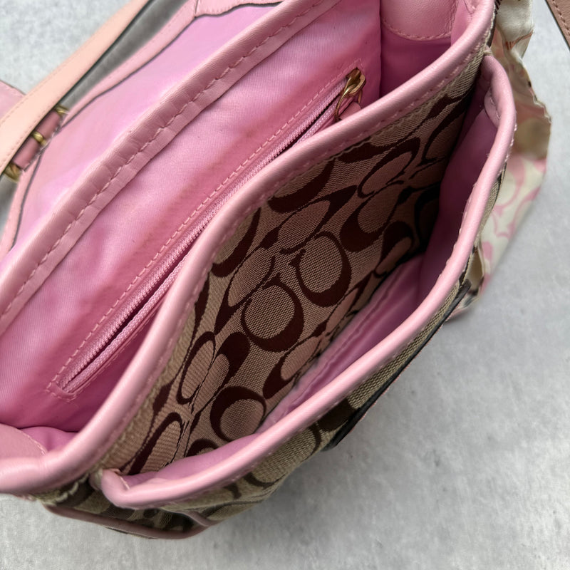 Coach Bleecker Signature Crossbody Bag Pink Beige with monogram canvas, pink leather trim, gold-tone buckle, and Coach scarf