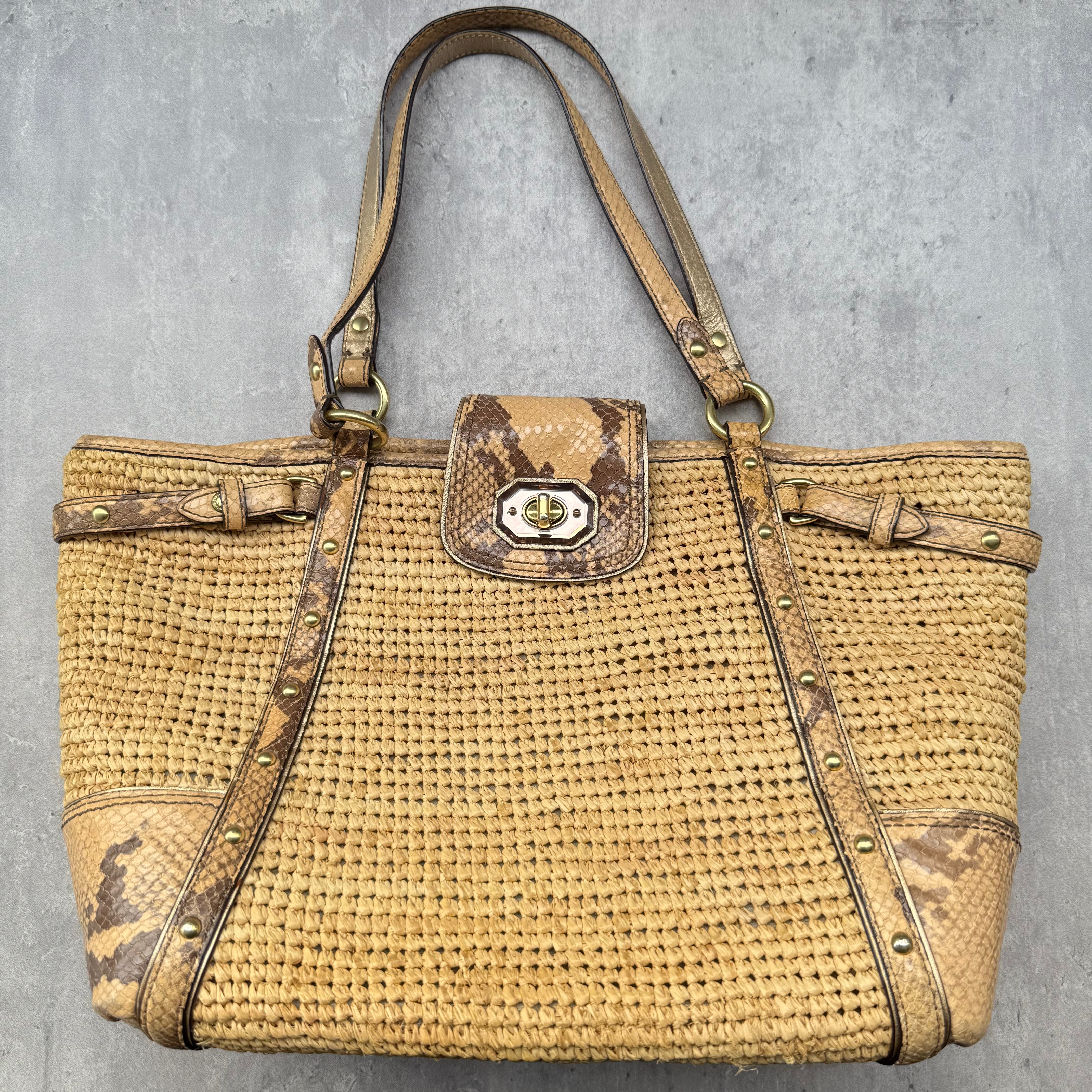 Coach Hampton Python Straw Shoulder Bag with woven straw body, python leather trim, and zebra-print lining