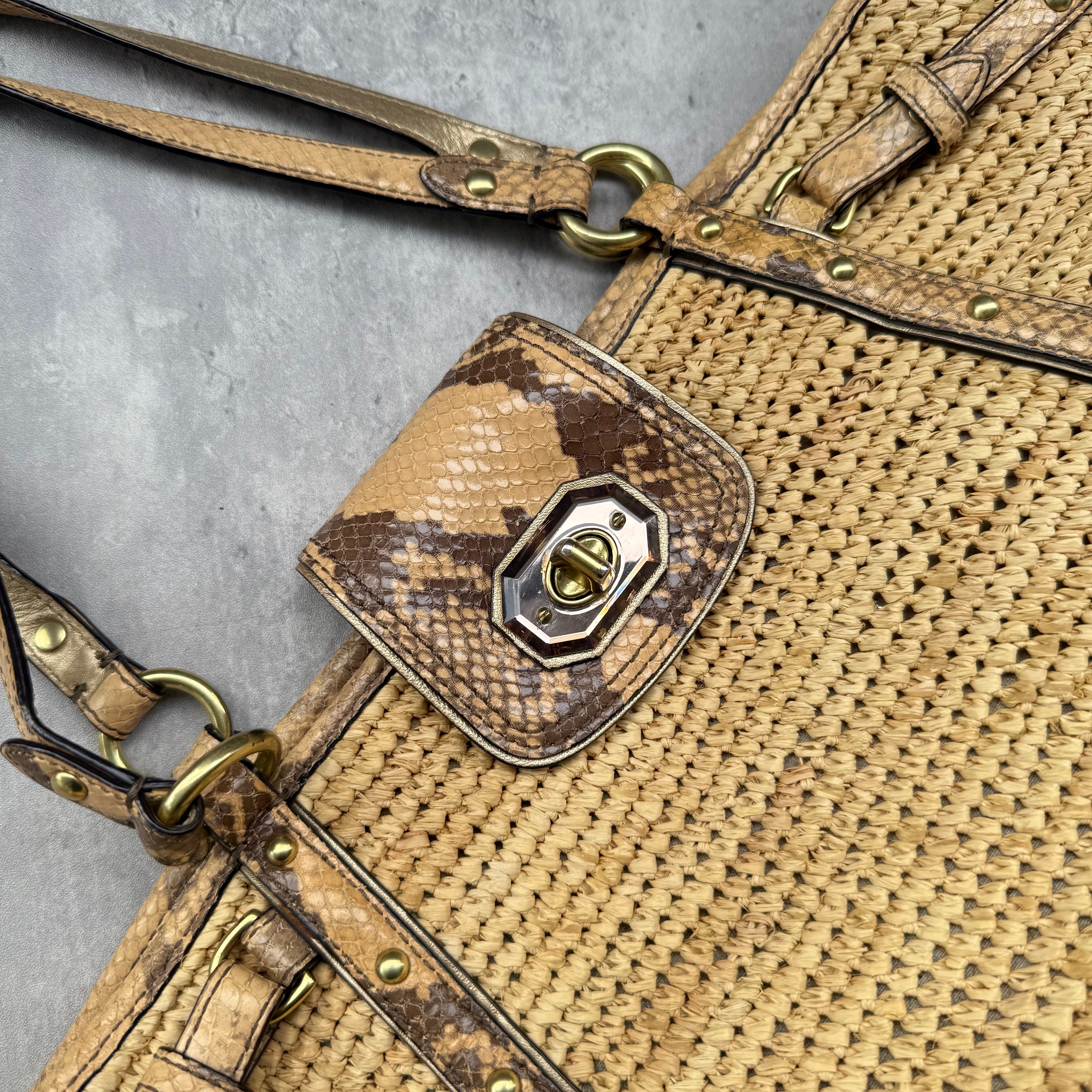 Coach Hampton Python Straw Shoulder Bag with woven straw body, python leather trim, and zebra-print lining