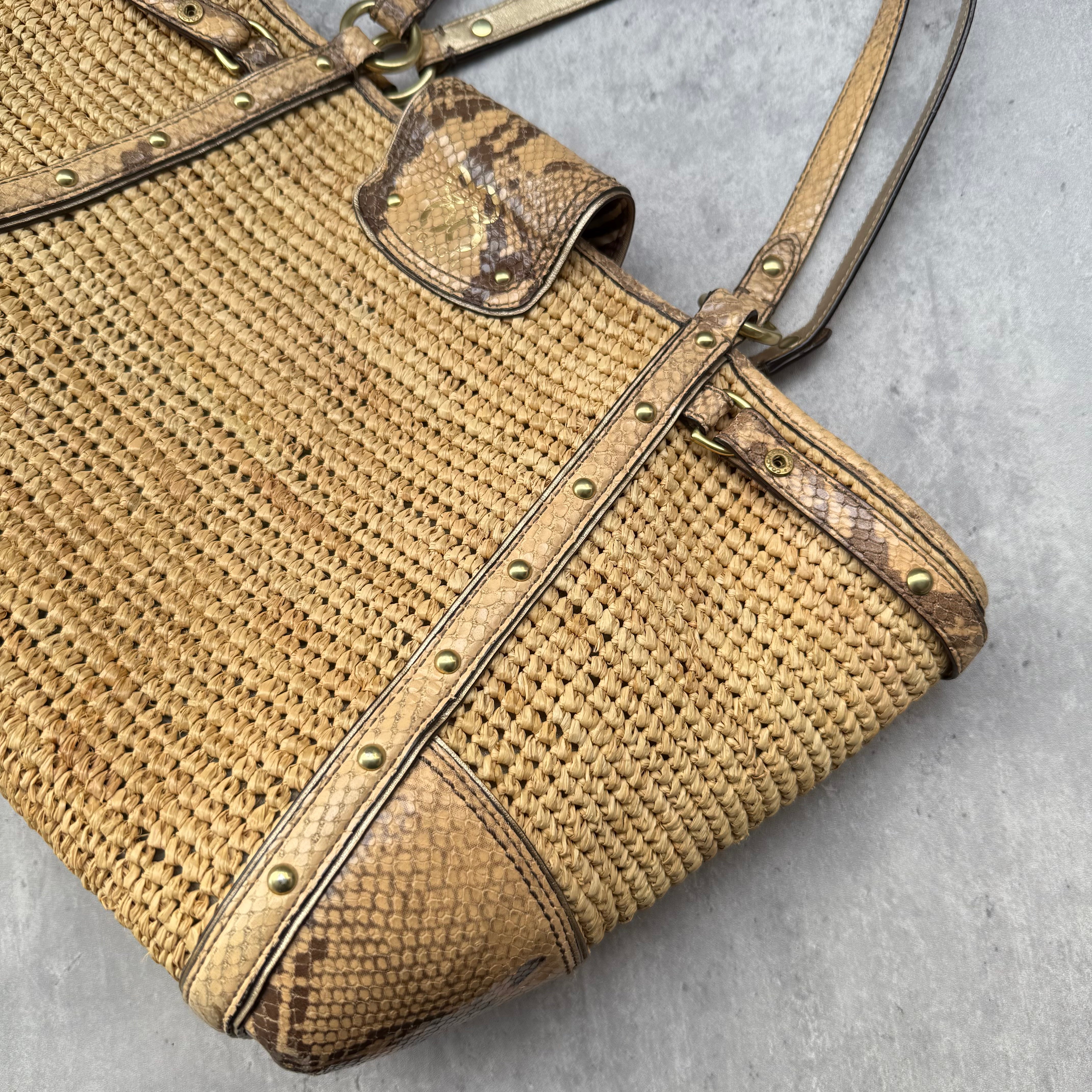 Coach Hampton Python Straw Shoulder Bag with woven straw body, python leather trim, and zebra-print lining