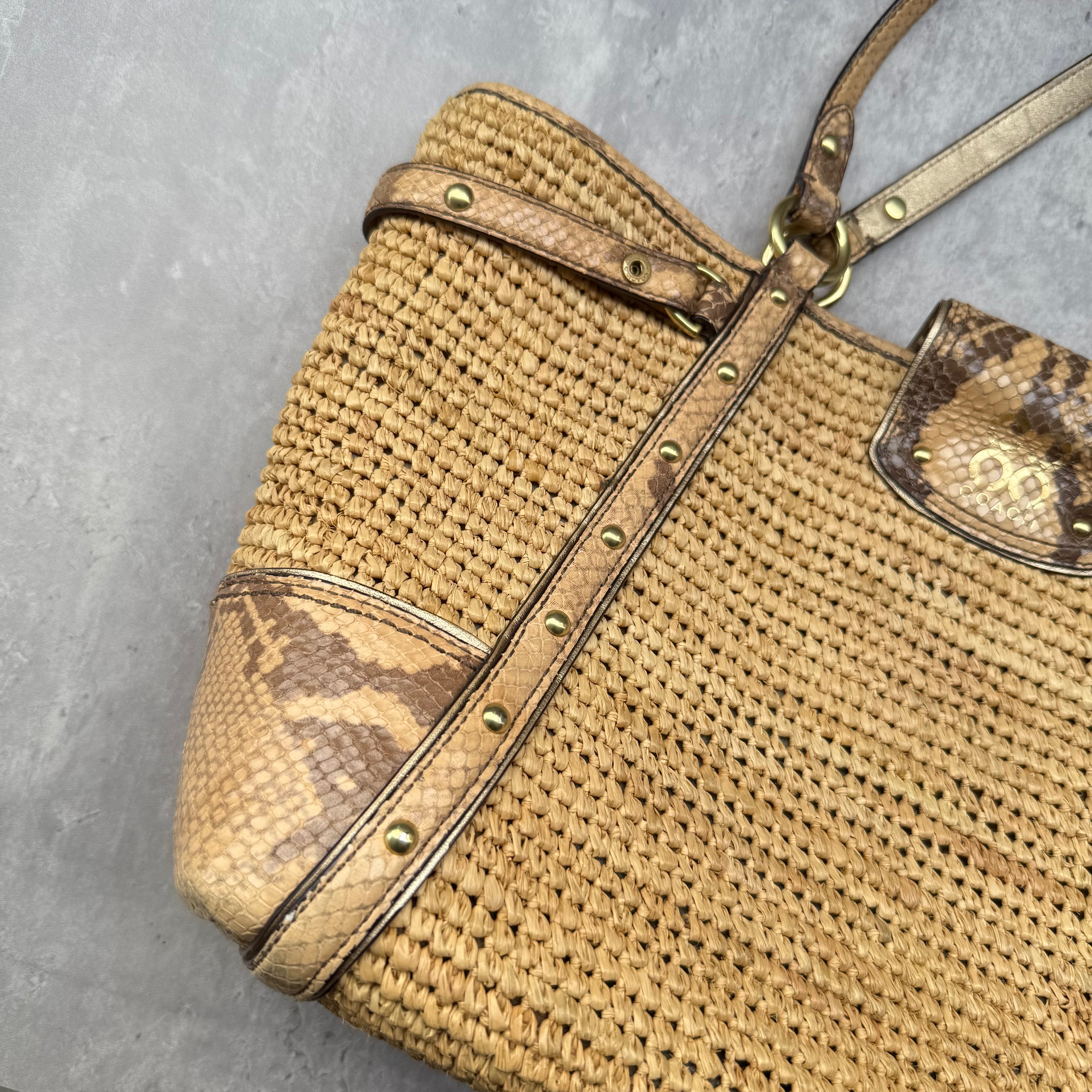 Coach Hampton Python Straw Shoulder Bag with woven straw body, python leather trim, and zebra-print lining