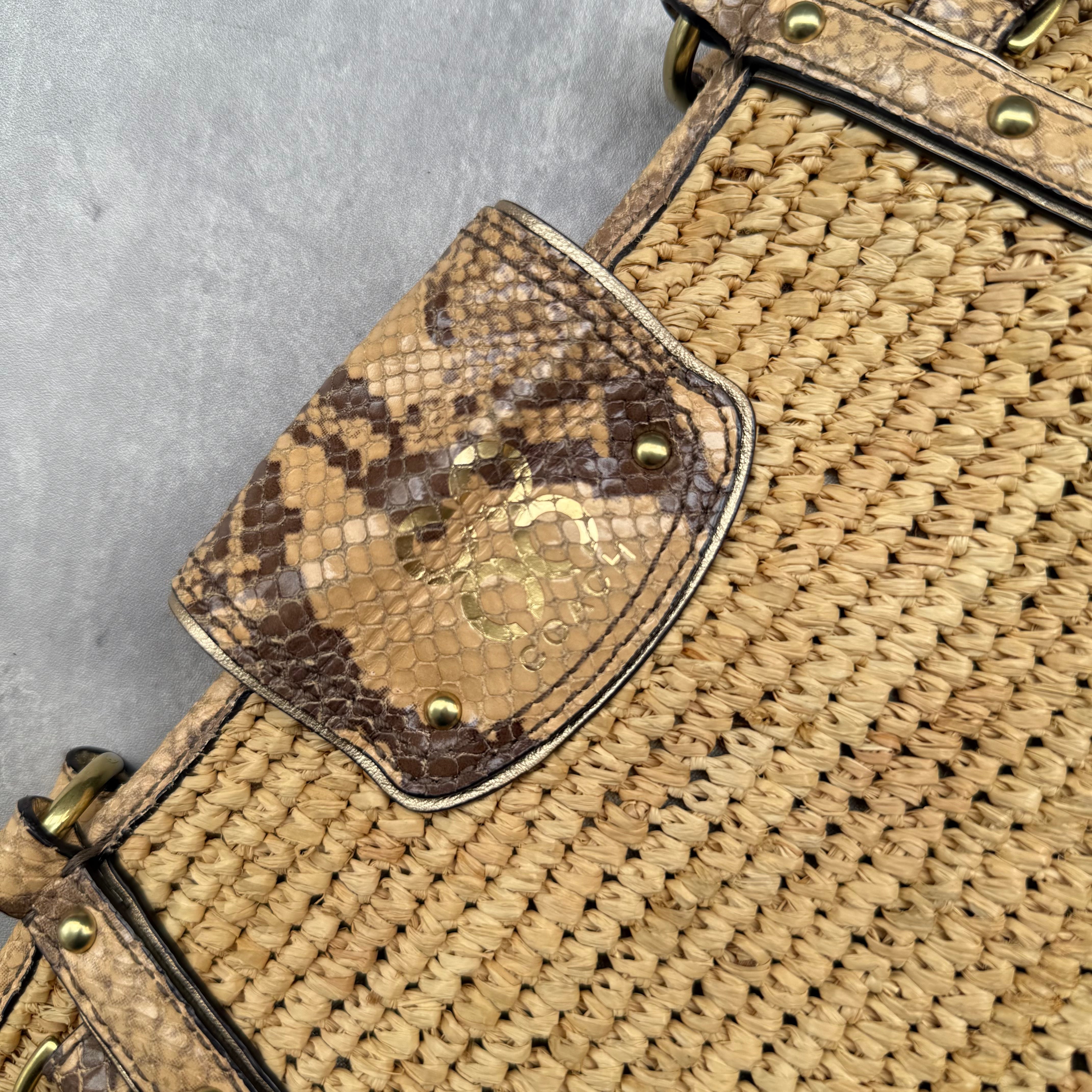 Coach Hampton Python Straw Shoulder Bag with woven straw body, python leather trim, and zebra-print lining