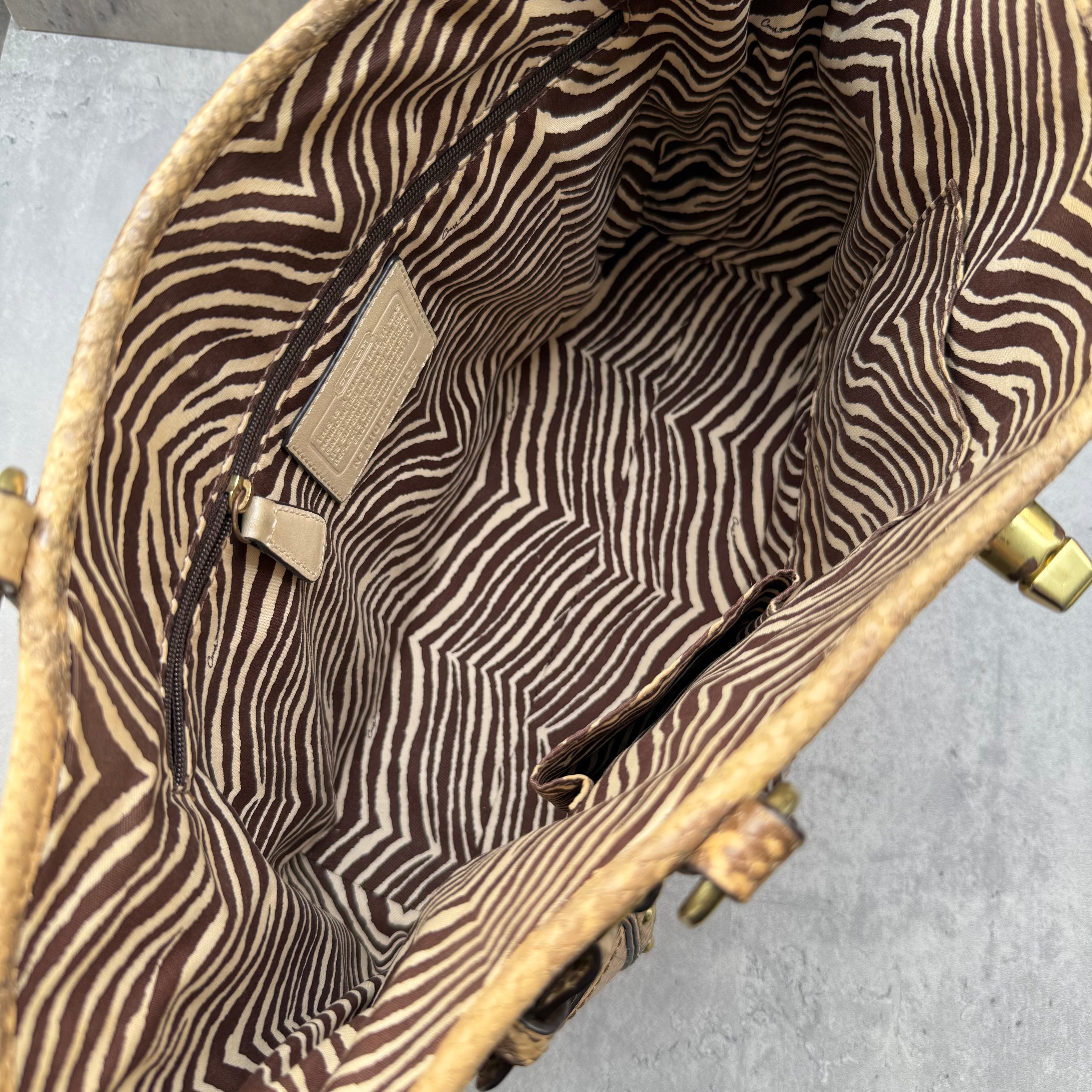 Coach Hampton Python Straw Shoulder Bag with woven straw body, python leather trim, and zebra-print lining