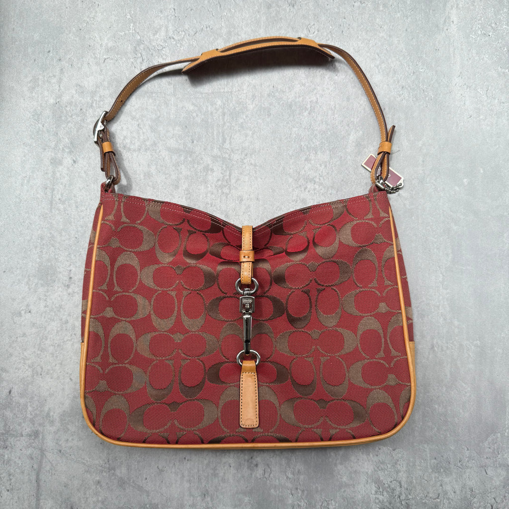 バッグ COACH Red Signature Soft Clip Hobo Bag Coach Hobo Signature Clip Canvas Handbag Red/Beige