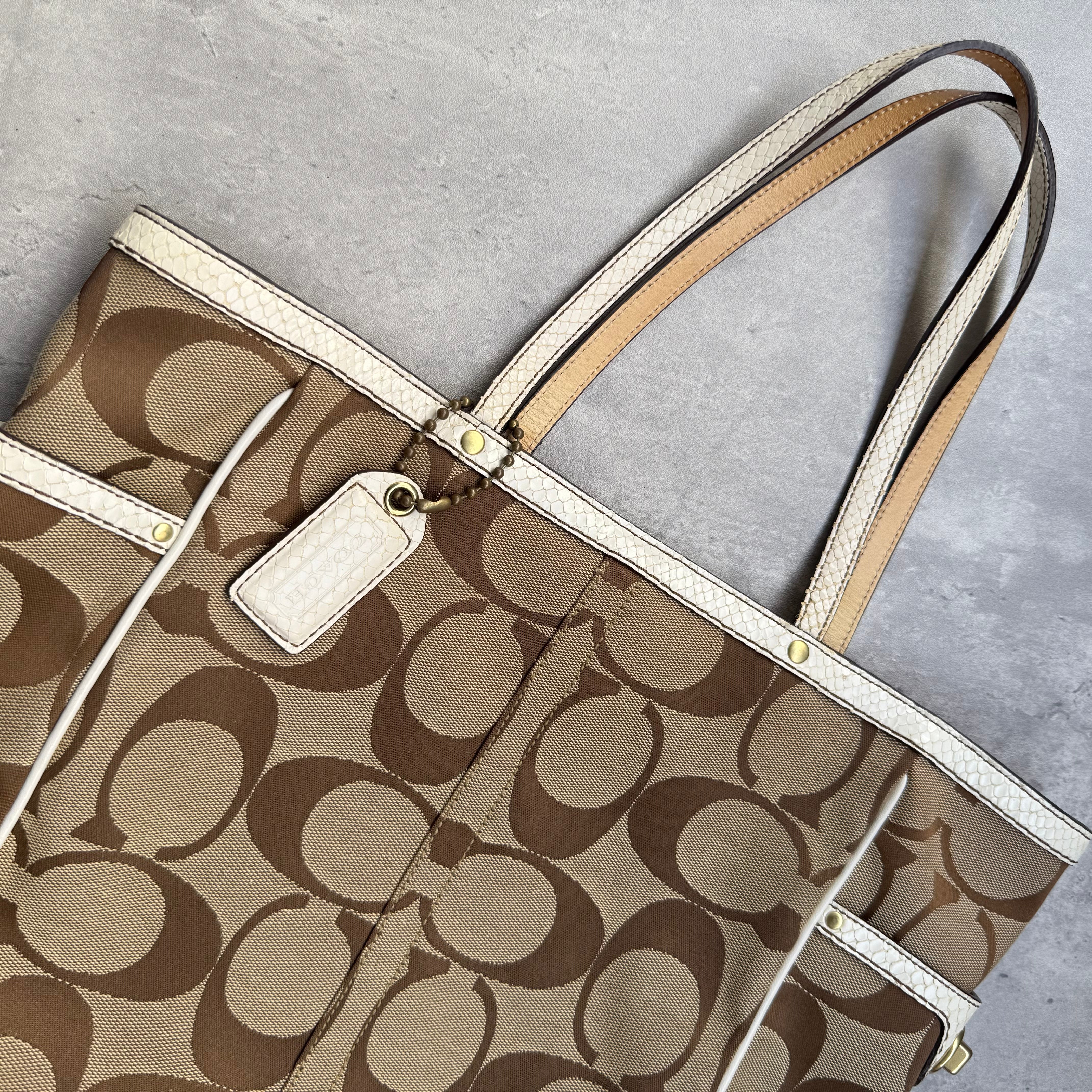 Coach Jacquard Python Canvas Shoulder Bag in tan with ivory snake-embossed leather trim and zip closure