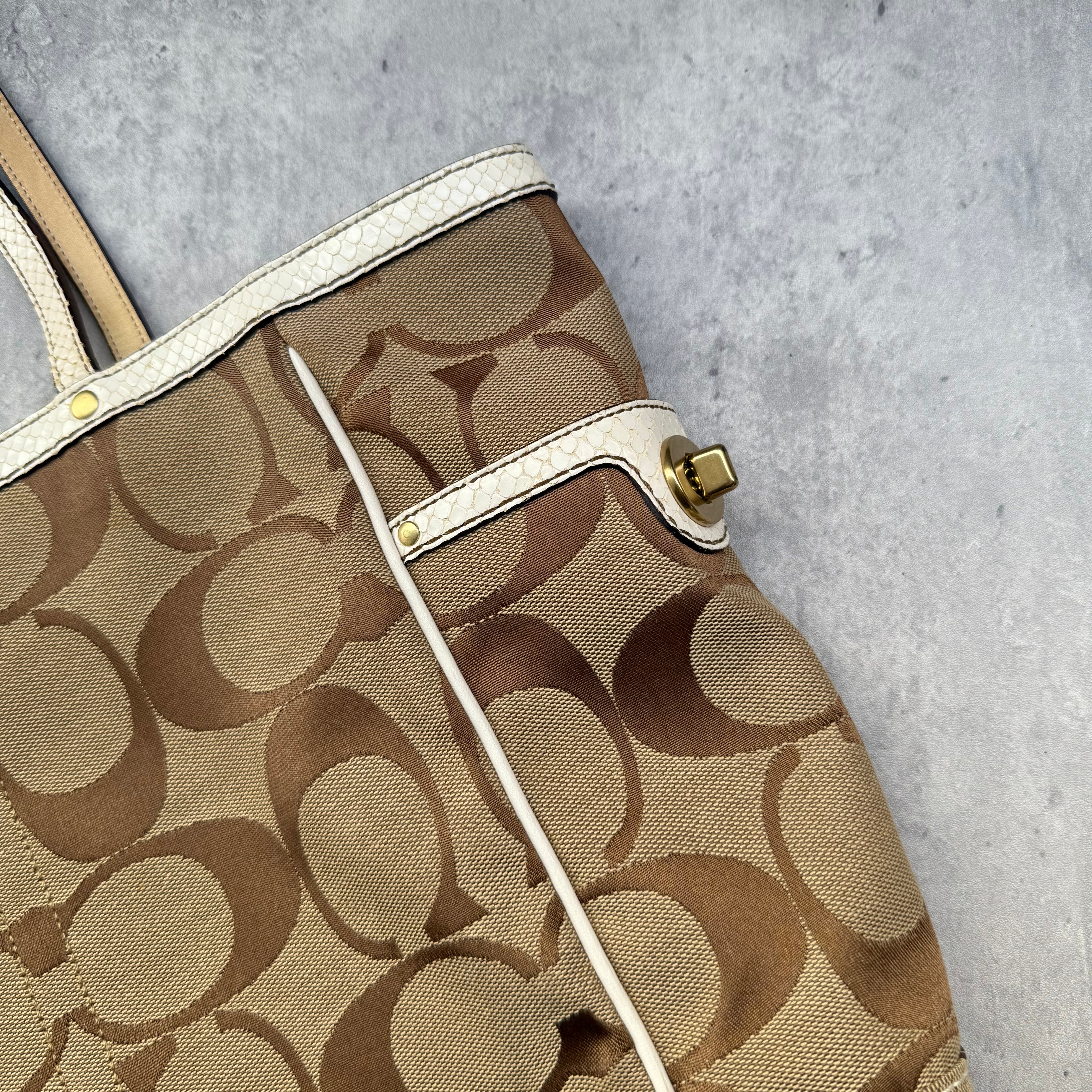 Coach Jacquard Python Canvas Shoulder Bag in tan with ivory snake-embossed leather trim and zip closure